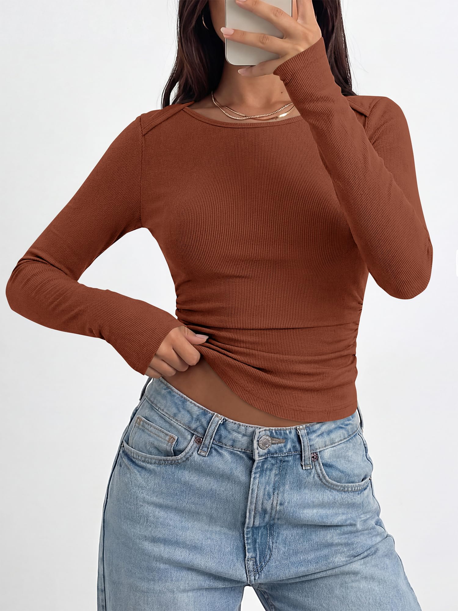 BTFBM Womens Long Sleeve T Shirts Spring Clothes Ribbed Slim Fit Boat Neck Casual Going Out Tops Workout Outfits