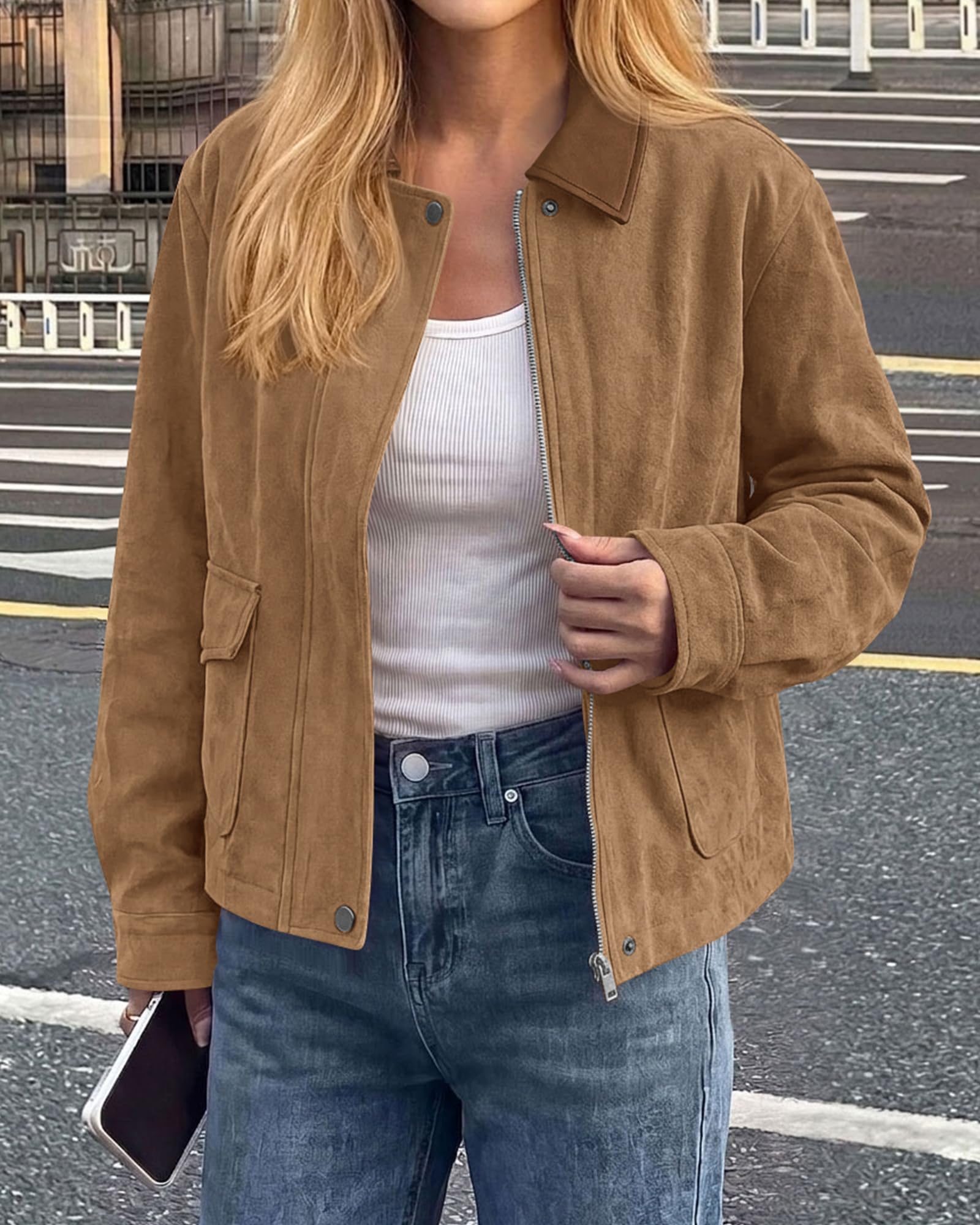 BTFBM Faux Suede Jacket Women Leather Lapel Zip Up Fall Outfits Button Down Long Sleeve Outerwear With Flap Pockets, Early Winter Coats, Motorcycle Jackets, Western Country Concert Outfits