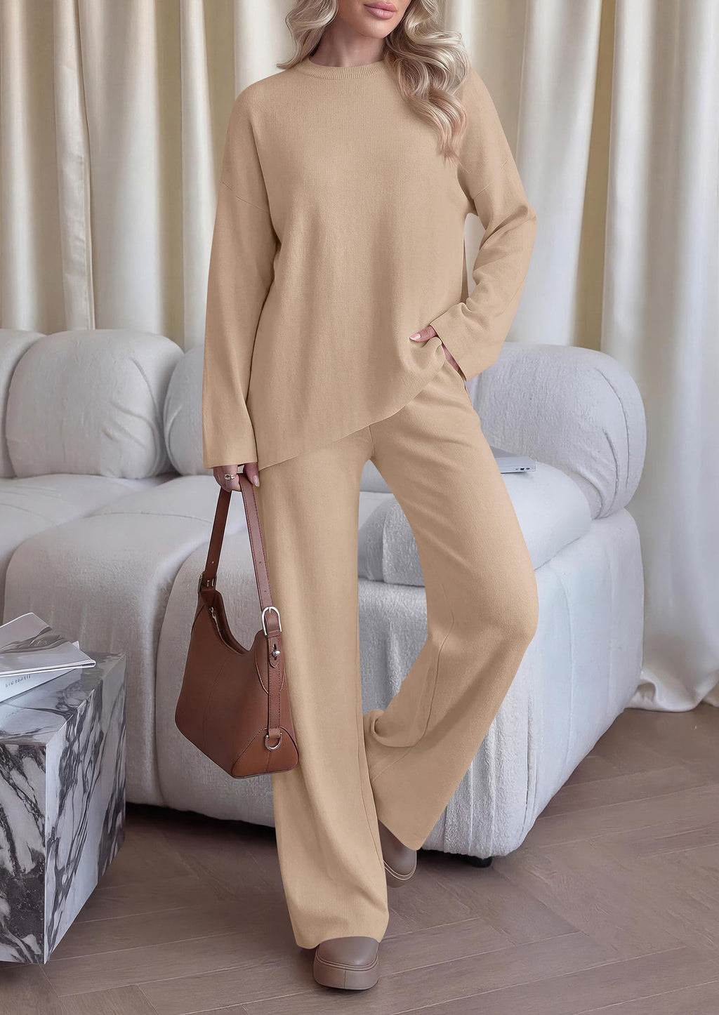 PRETTYGARDEN Womens Fall 2 Piece Asymmetric Cozy Sweater Travel Lounge Sets Crewneck Drop Shoulder Tops, Wide Leg Pants, Soft Casual Knit Matching Set,Vacation Airport Holiday Outfits