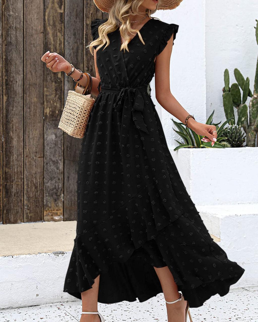 FreshPretty Women V Neck Summer Dress Cap Sleeve Swiss Dot Boho Flowy Ruffle Slit Beach Party Long Maxi Cocktail Dresses