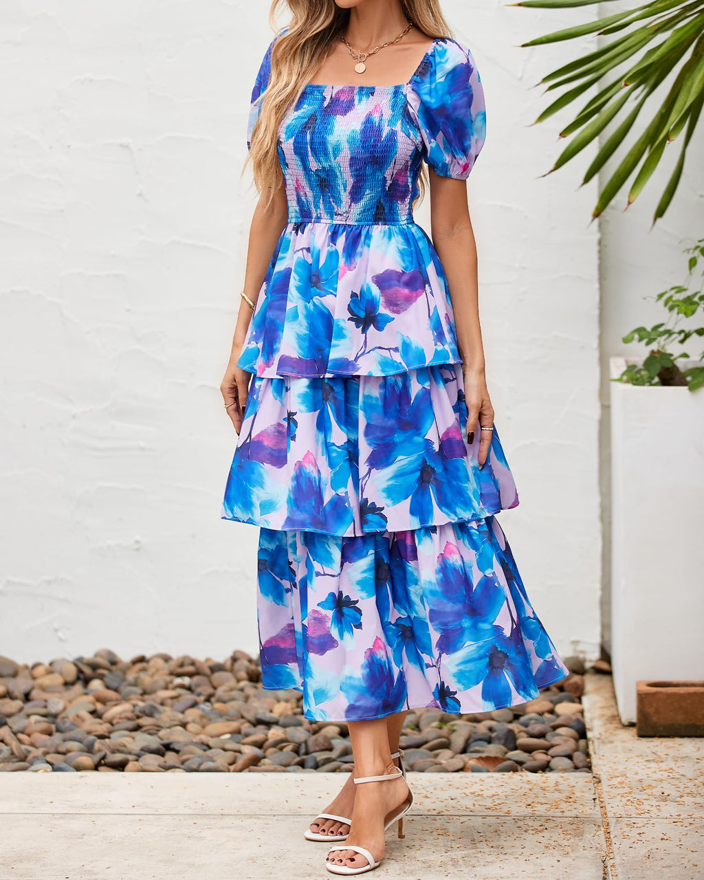 BTFBM Womens Square Neck Smocked Dress Summer Puff Short Sleeve Floral Casual Ruffle Tiered Maxi Wedding Guest Dresses