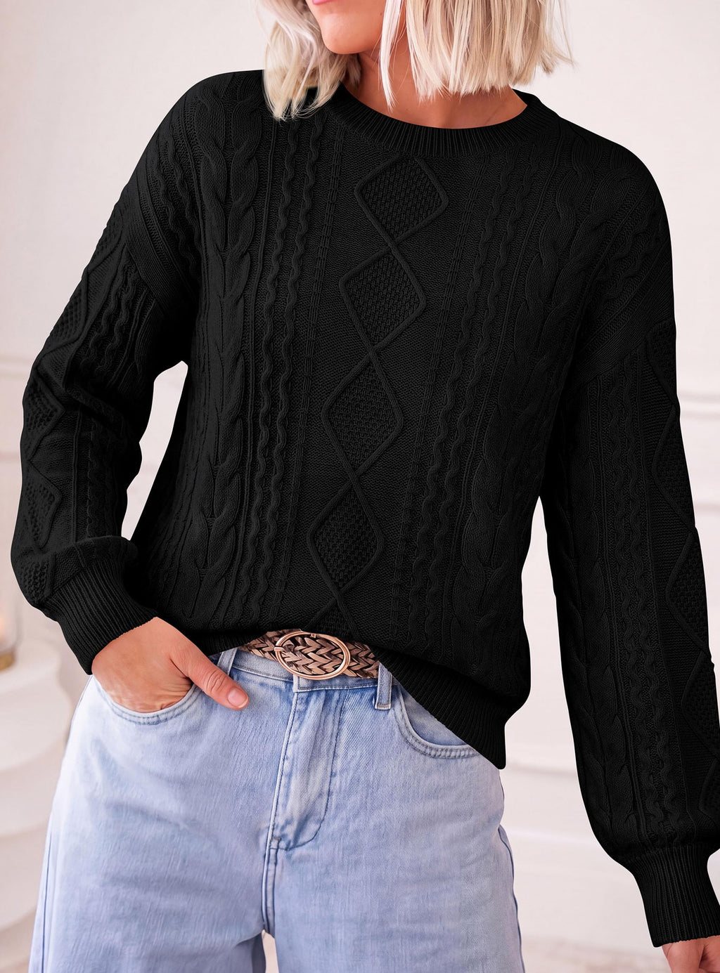 PRETTYGARDEN Women's Crewneck Cable Knit Sweater Pullover Tops Soft Luxury,Long Sleeve Sweaters,Chunky Texture,Fall Outfits,Warm Layering,Daily Wear,Work Holiday,Winter Going out Top