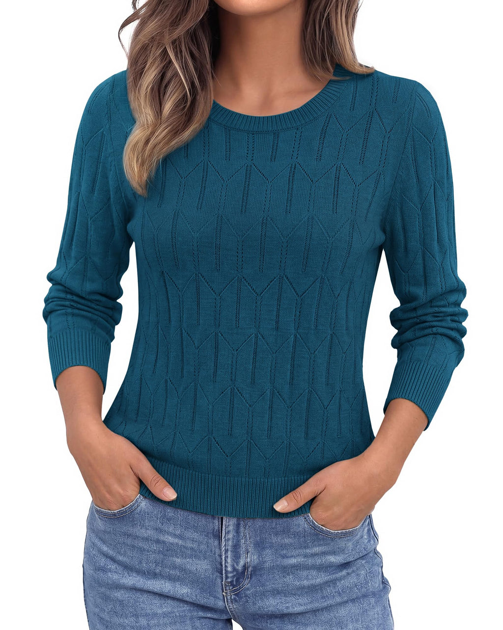 BTFBM Womens Sweaters Long Sleeve Crewneck Pullover Tops Dressy Casual Lightweight Knit Sweater,Small Hollow Out Boho Shirts, Fall Fashion,Winter Layer Basic Clothes,Business Casual Outfits