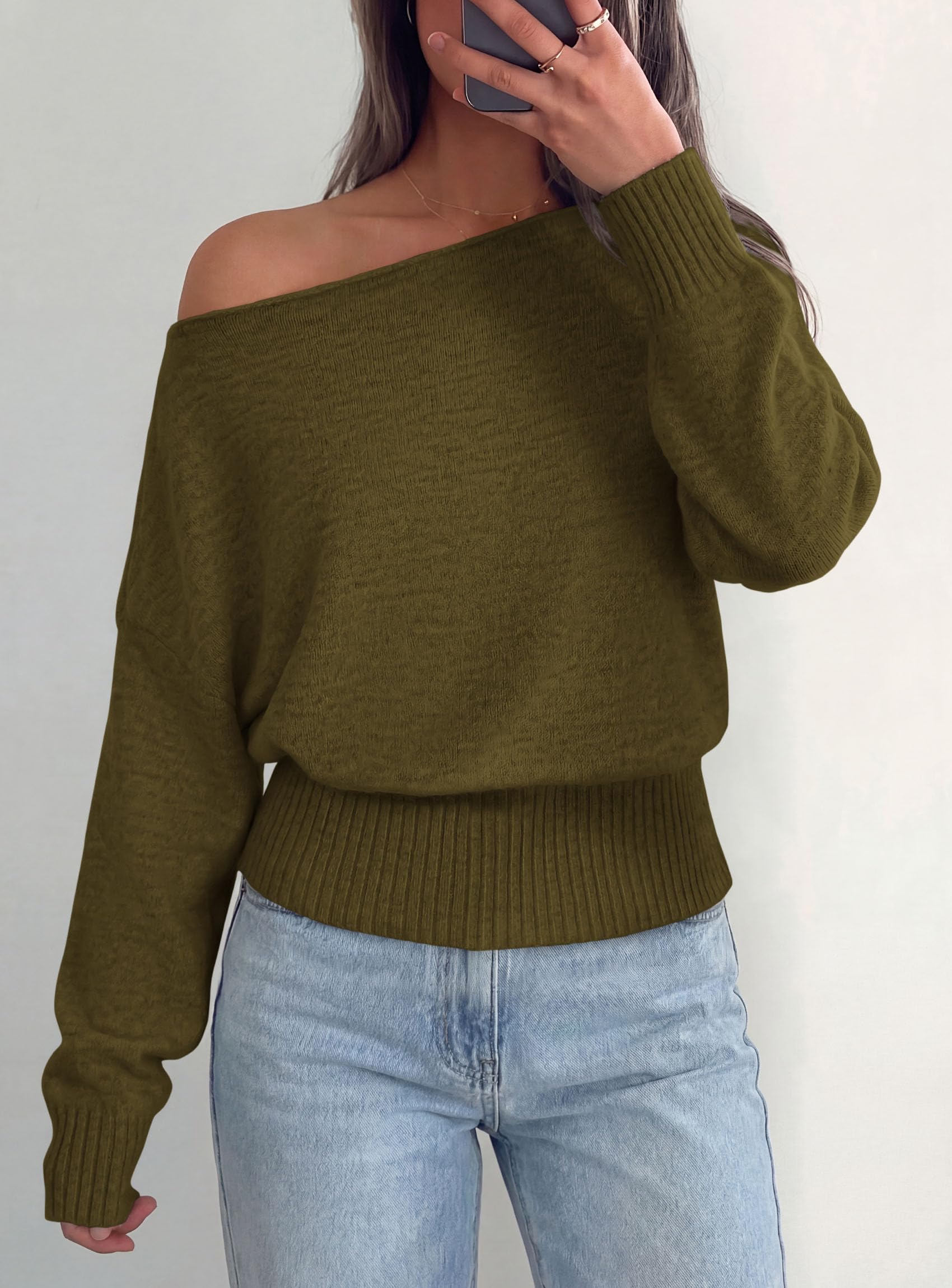 PRETTYGARDEN Womens Off The Shoulder Sweater Fall Fashion Soft Stretchy Knit Fabric, Batwing Long Sleeve Cinched Waist Cropped Sweaters, Date Night Outfit, Asymmetrical Going Out Tops