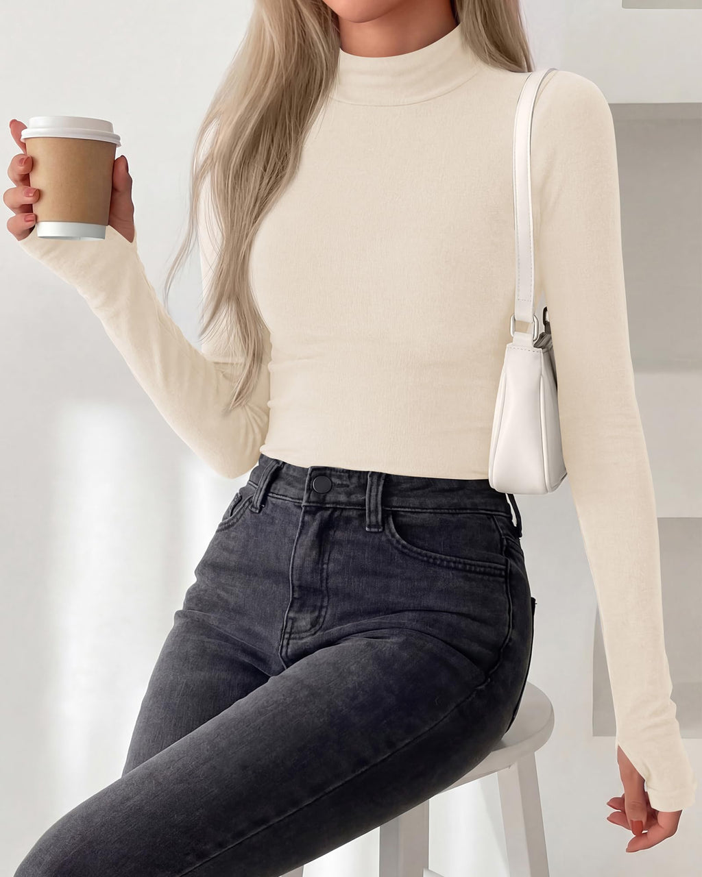 BTFBM Turtleneck Tops for Women Thumbhole Long Sleeve Shirts | Lightweight Fleece Lining, Casual Basic Layering Top, Slim Fit Stretch Winter Thermal Underwear, Fall Fashion Clothing