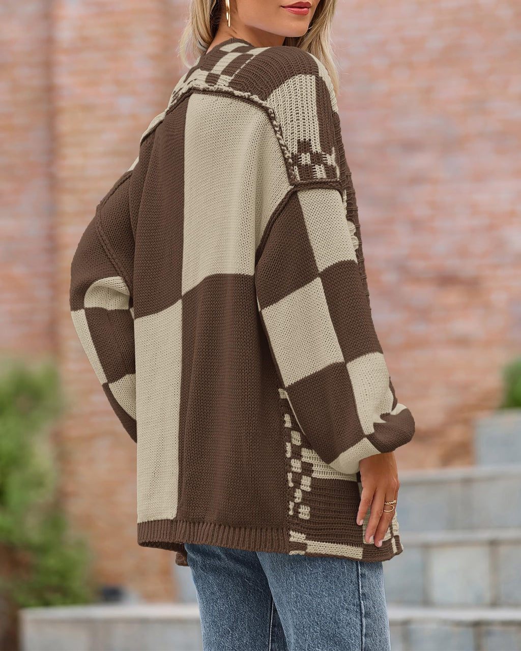 BTFBM Casual Cardigan Sweater for Women Fall Long Sleeve Sweaters Fall Outfits, Loose Fit,Solid,Open Front Chunky Knit Sweaters,Chunky Cardigan Sweaters For Women,Checkered Outwear Coat