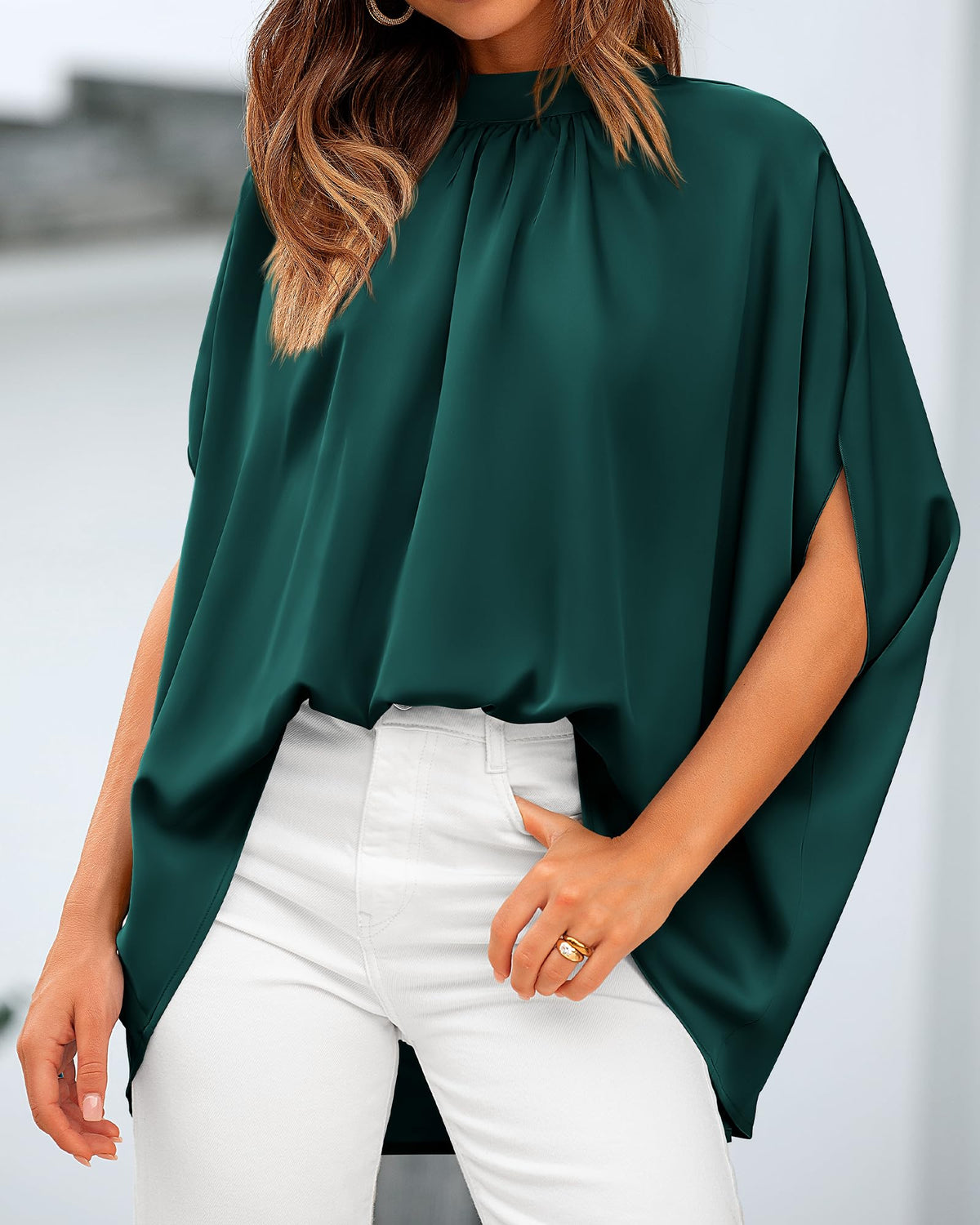 BTFBM Womens Summer Tops Mock Neck Batwing Sleeve Silk Satin Shirts Loose Oversized Dressy Casual Spring Blouses