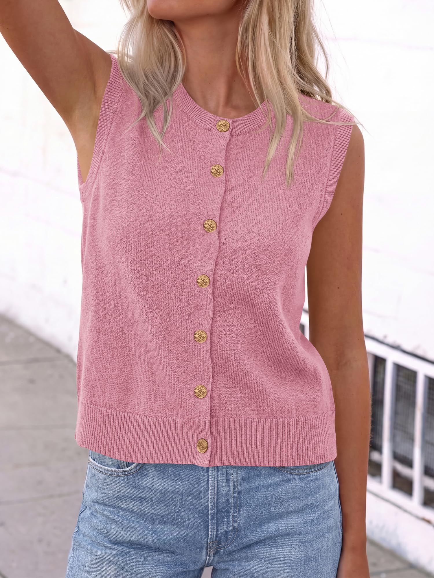BTFBM Sweater Vest Women Casual Crewneck Loose Button Down Knit Sleeveless Cardigan Spring Clothes Summer Vest Tops