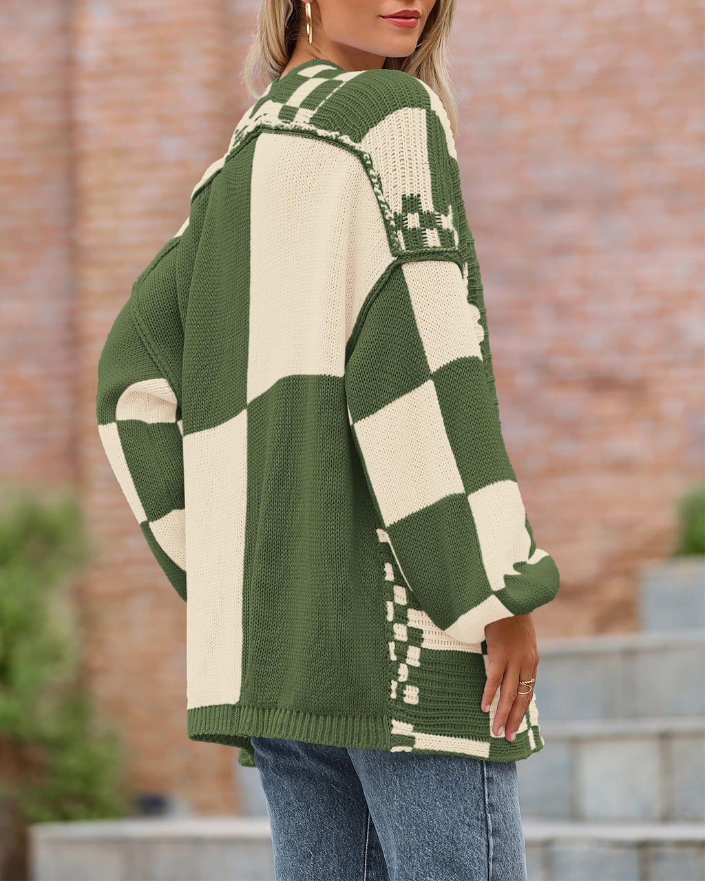 FreshPretty Casual Cardigan Sweater for Women Fall Long Sleeve Open Front Chunky Knit Sweaters Checkered Outwear Coat