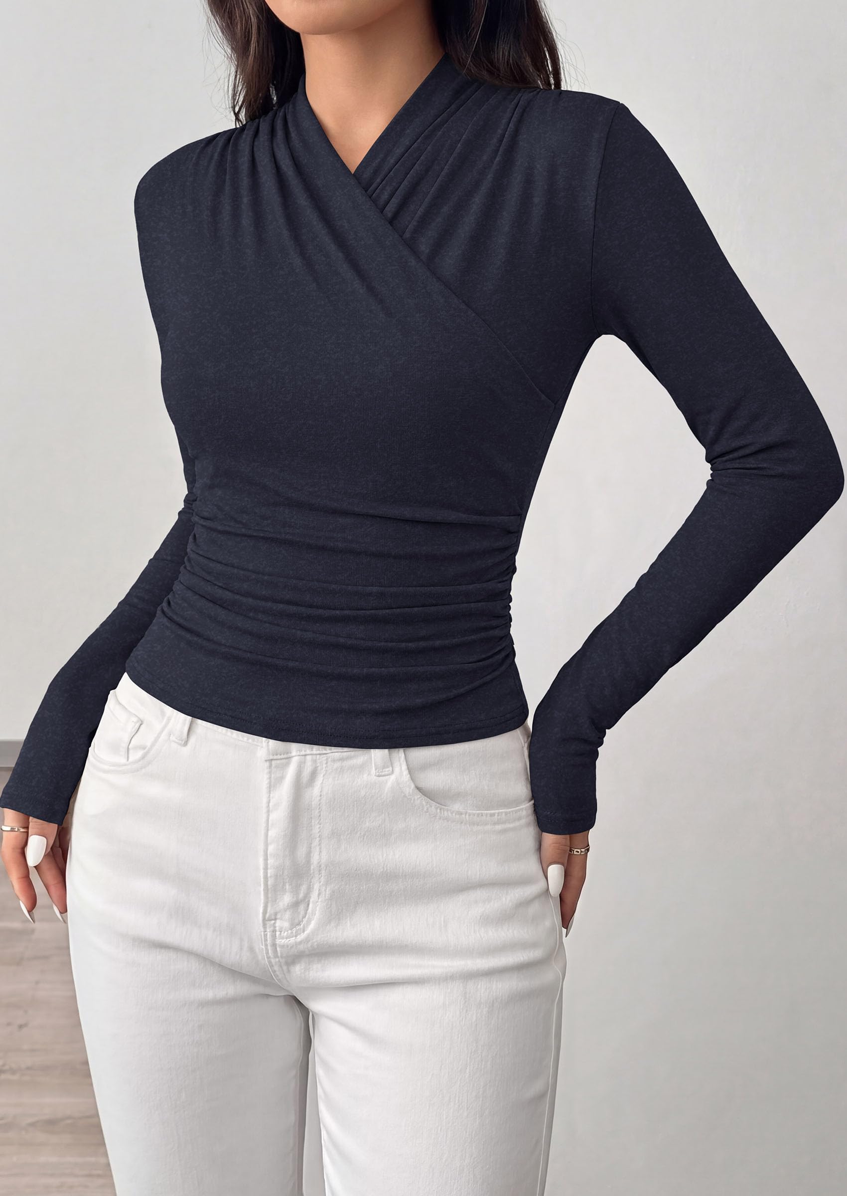 PRETTYGARDEN Womens Long Sleeve Shirts Going Out Wrap Top | Soft Heathered Stretchy Viscose Fitted Blouse, V Neck Ruched Waist Dressy Tops, Office Business Casual Fall Winter Daily Wear