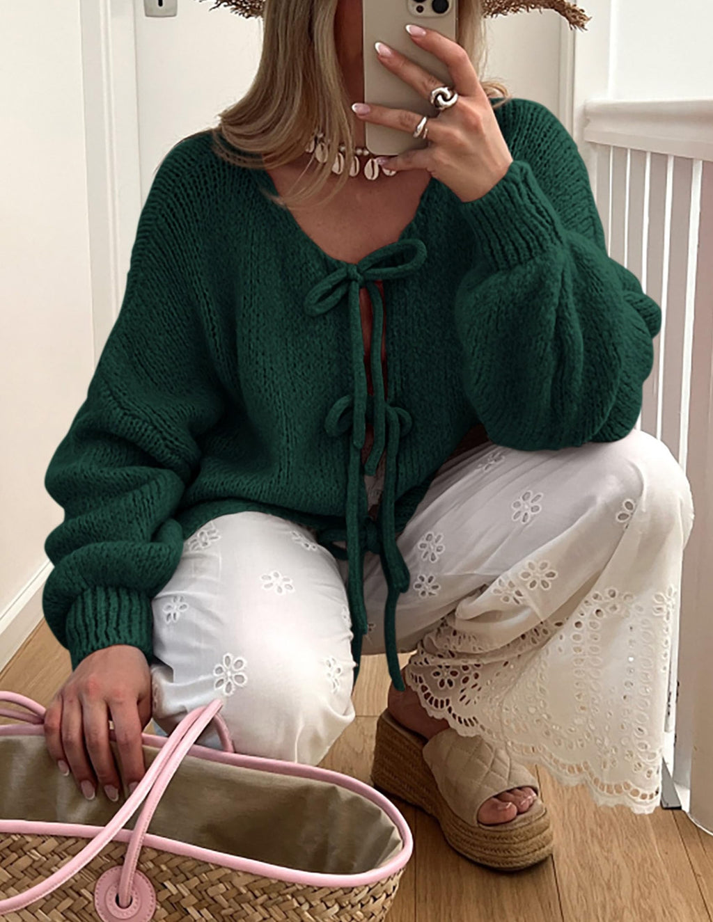 PRETTYGARDEN Women's Tie Front Bow Cardigan Sweaters Chunky Knit Long Puff Sleeve Trendy Fall Winter Jacket Coat