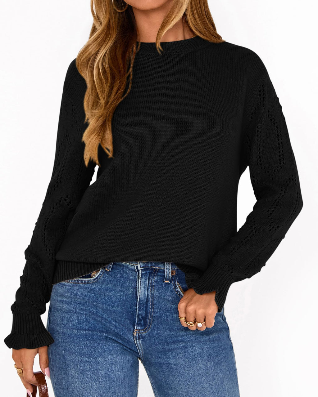 BTFBM Fall Sweaters for Women Crew Neck Long Sleeve Hollow Out Swiss Dot Knit Casual Pullover Tops Fashion Clothing
