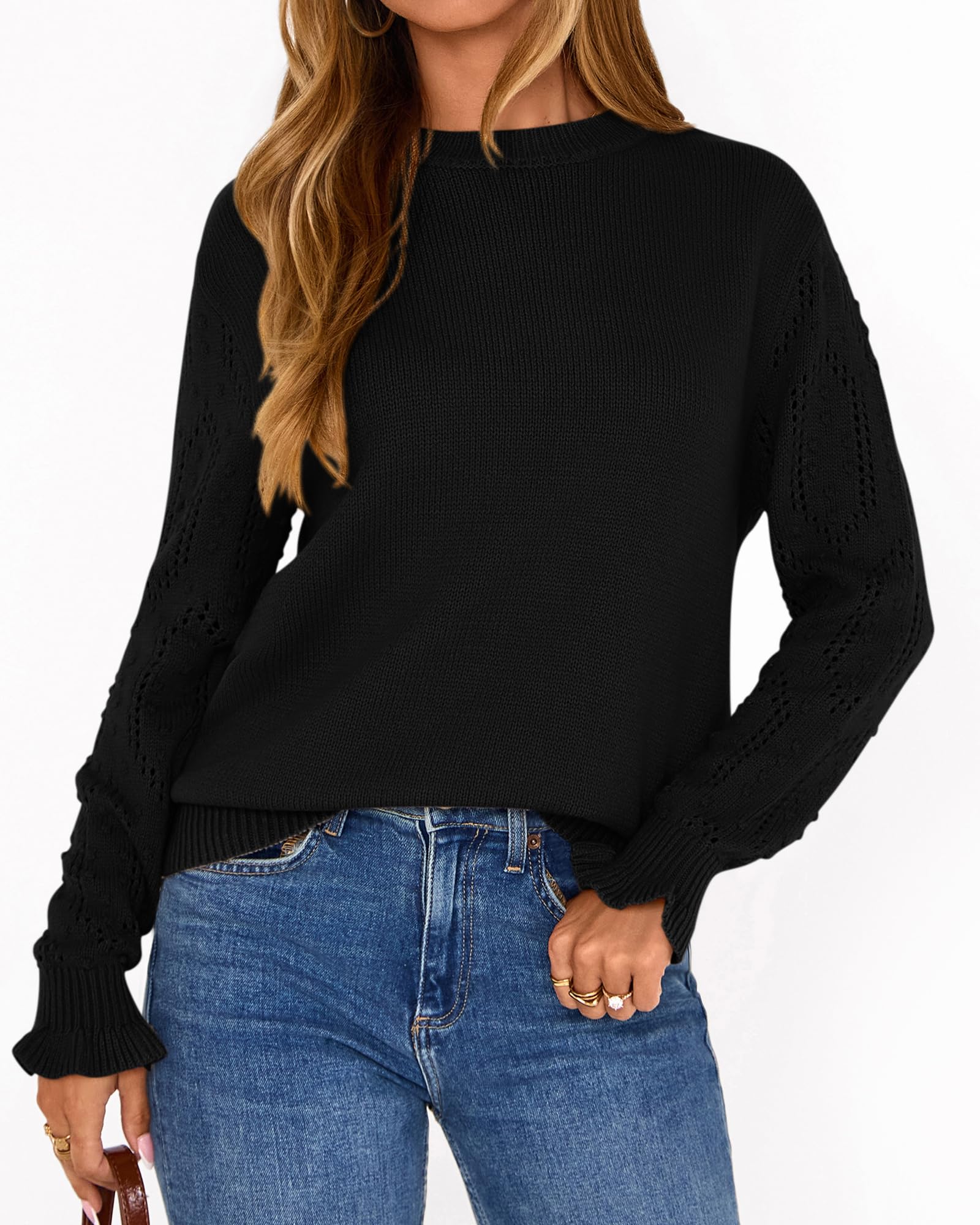 BTFBM Fall Sweaters for Women Crew Neck Long Sleeve Hollow Out Swiss Dot Knit Casual Pullover Tops Fashion Clothing