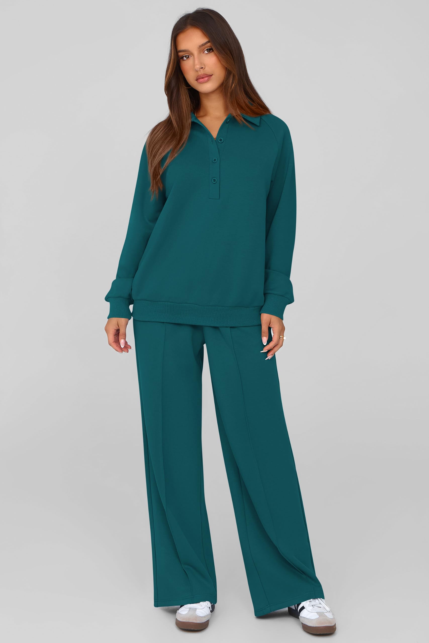 PRETTYGARDEN Women Fall 2 Piece Outfits Sweatsuits Lounge Sets Quarter Button Long Sleeve Sweatshirt, Wide Leg Sweat Pants, Casual 2 Piece Sets Tracksuit, Airport Travel Outfits for Women