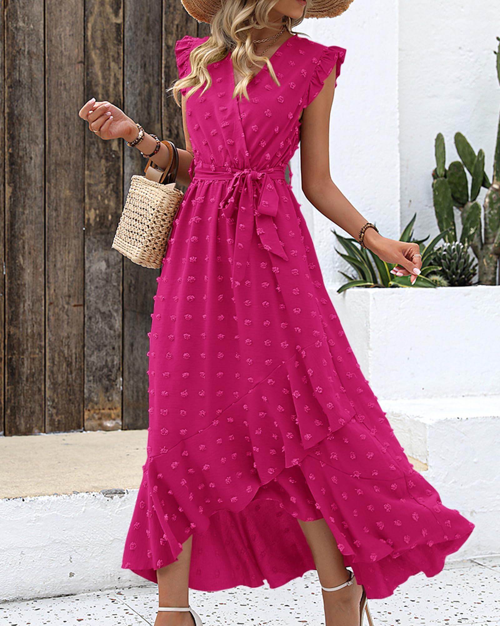 BTFBM Boho Dresses for Women Spring Fashion Cap Sleeve Swiss Dot Flowy Ruffle Beach Wedding Cocktail Maxi Dress