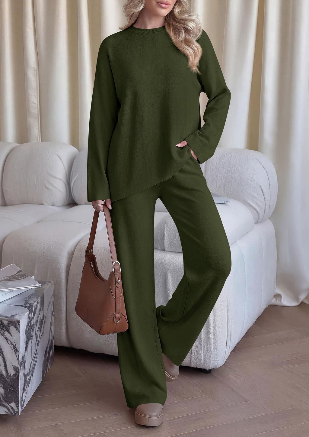PRETTYGARDEN Womens Fall 2 Piece Asymmetric Cozy Sweater Travel Lounge Sets Crewneck Drop Shoulder Tops, Wide Leg Pants, Soft Casual Knit Matching Set,Vacation Airport Holiday Outfits