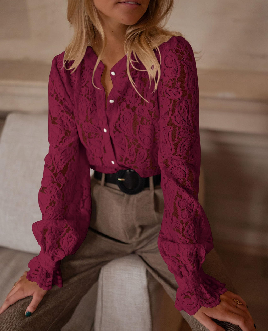 PRETTYGARDEN Women's Dressy Casual Lace Blouse Long Sleeve Button Up Shirts Tops Spring Fall Fashion Clothes