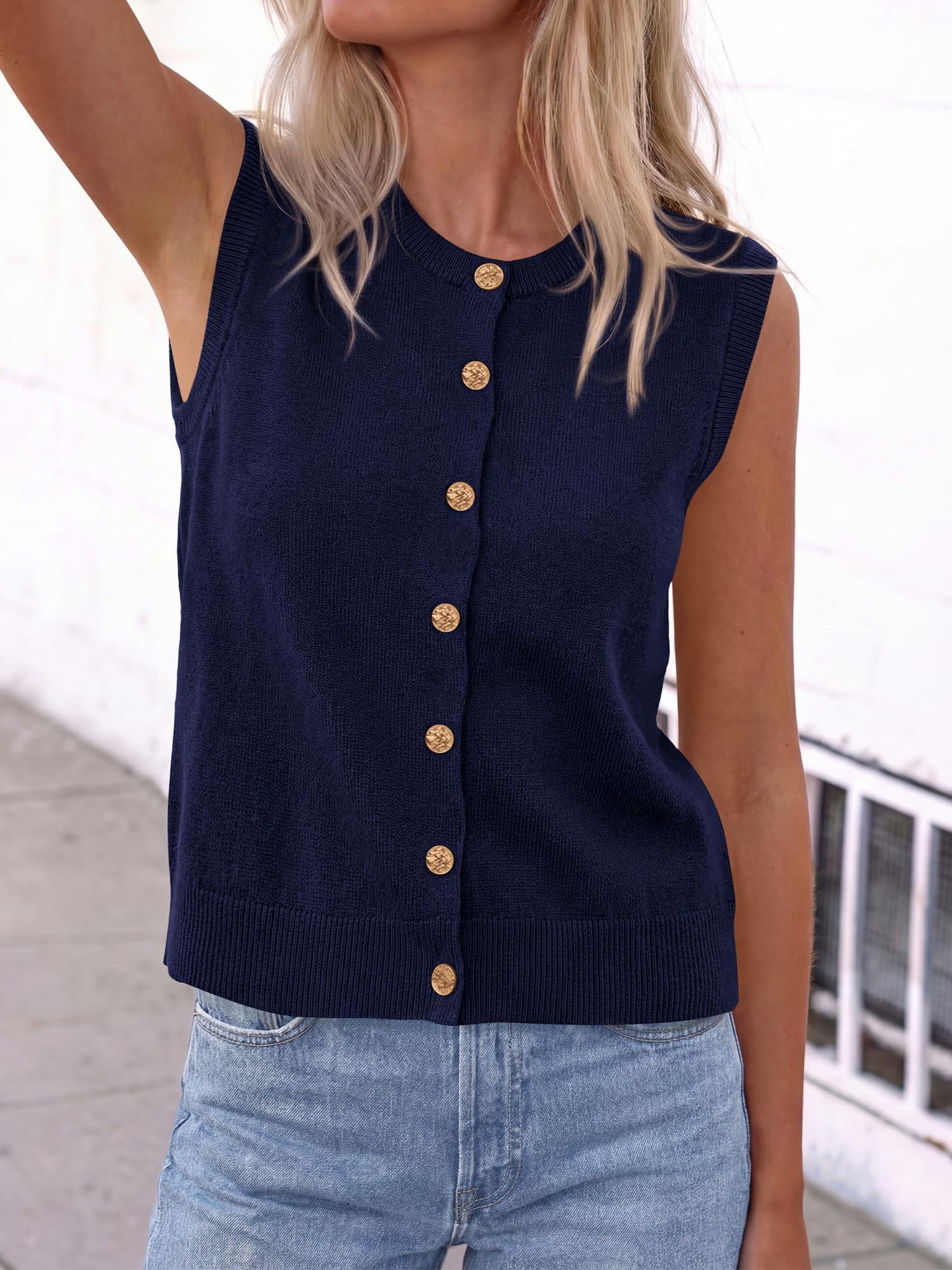 BTFBM Sweater Vest Women Casual Crewneck Loose Button Down Knit Sleeveless Cardigan Spring Clothes Summer Vest Tops