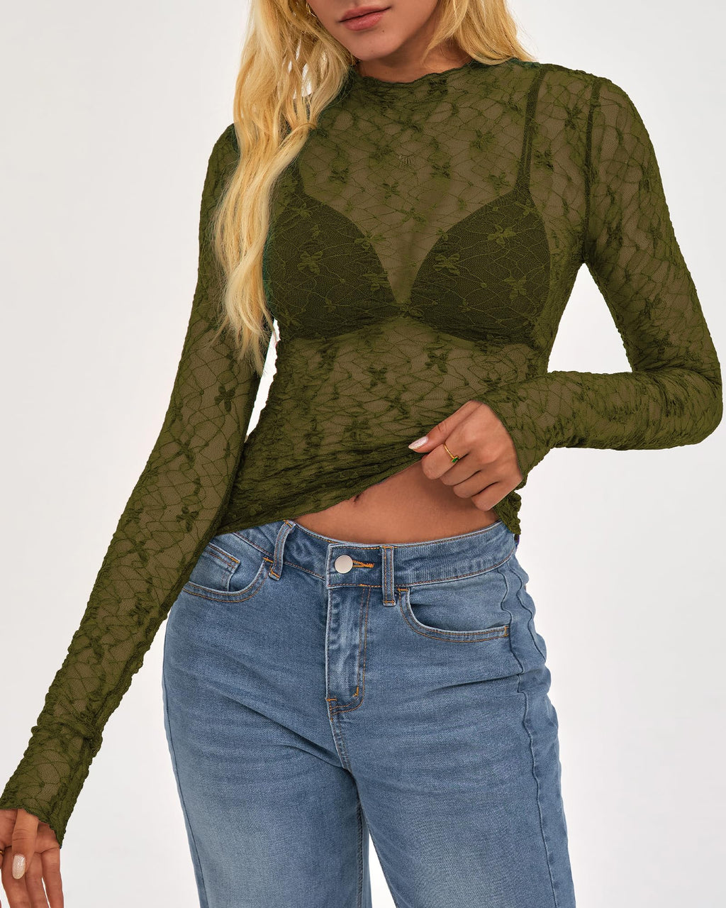 BTFBM Womens Tops Mesh Lace Long Sleeve Tops for Women Spring Fall Sheer See Through Tight Party Club Outfits