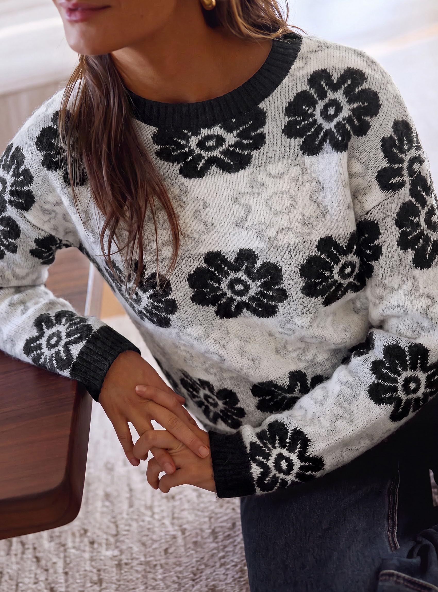 PRETTYGARDEN Women's Floral Crewneck Sweater Knit Pullover Loose Fit, Chunky Knit Sweaters Tops, Dressy Casual Work Vacation Holiday Outfits, Womens Fall Fashion, Winter Clothes