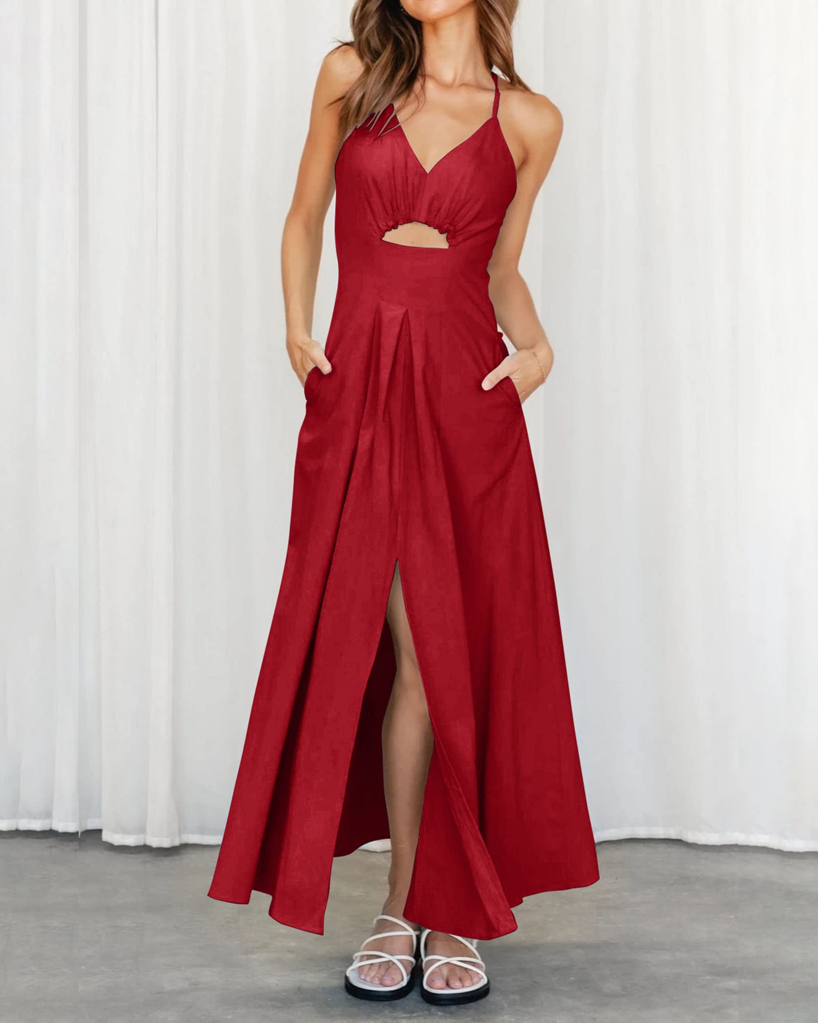 BTFBM Women Spaghetti Strap Midi Summer Dresses Sleeveless V Neck Cutout Slit Casual Beach Party Maxi Dress Pockets