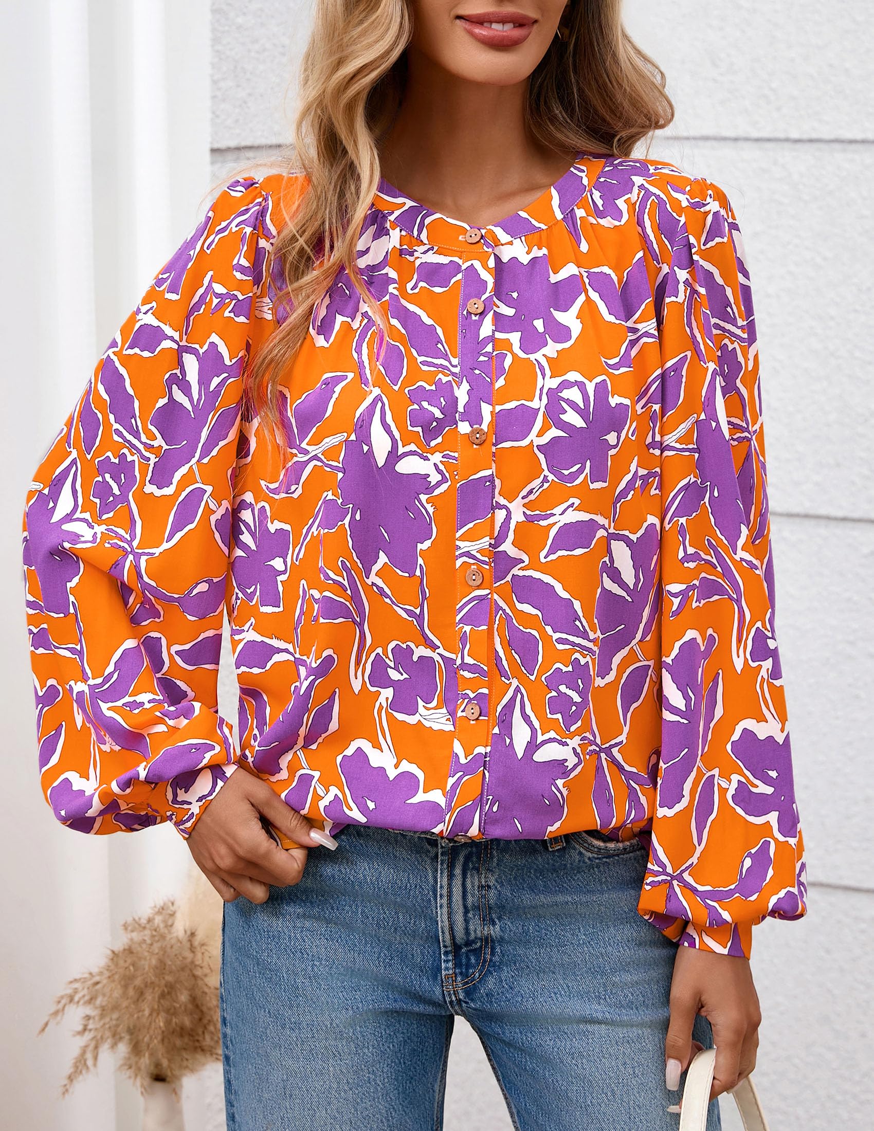 PRETTYGARDEN Women's Floral Button Down Blouse Fall Fashion Dressy Casual Long Sleeve Oversized Shirts Top Boho Clothes