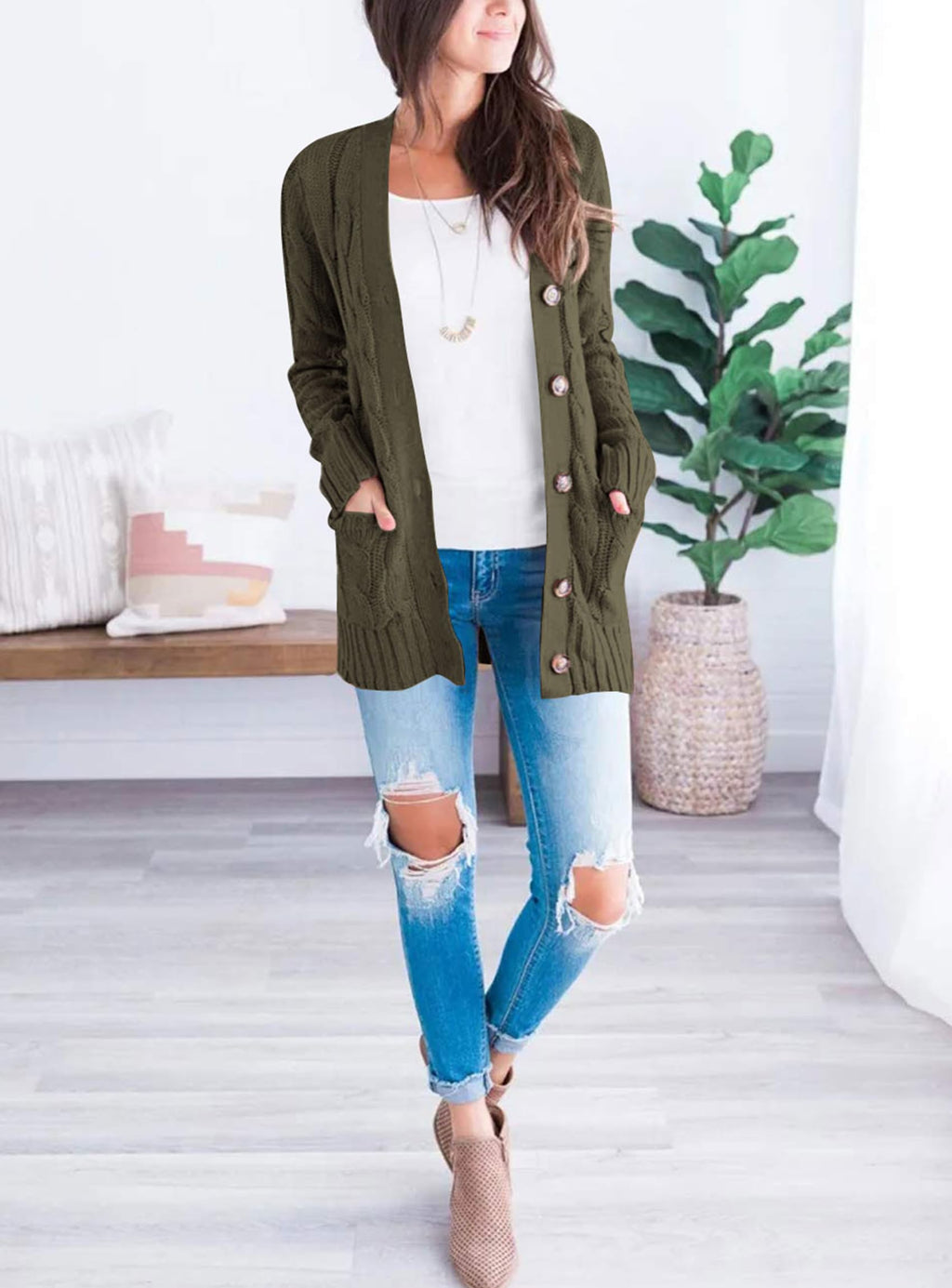 PRETTYGARDEN Women's Open Front Cardigan Sweaters Fall Fashion Button Down Cable Knit Chunky Winter Clothing Outerwear Coats