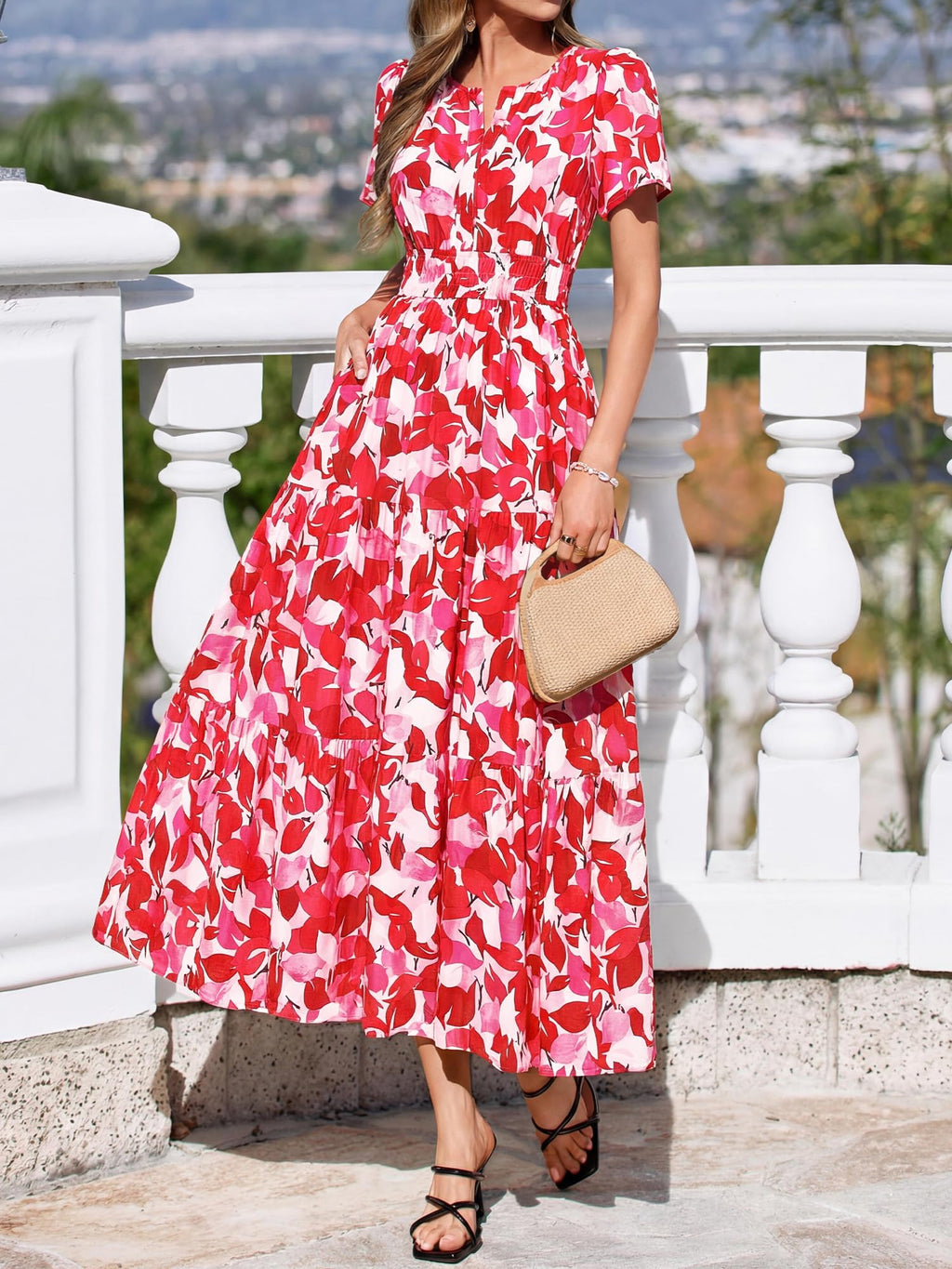 BTFBM Womens Summer Floral Maxi Dresses V Neck Short Sleeve Boho Casual Flowy Long Wedding Guest Dress Beach Vacation