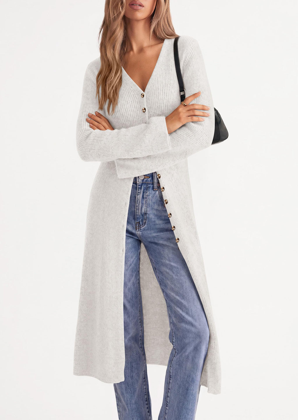 PRETTYGARDEN Women Long Cardigan Bell Sleeve Sweater Dress Early Fall Fashion, V Neck Button Down Coats, Fit and Flare, Duster Sweater, Acrylic Cotton Blend