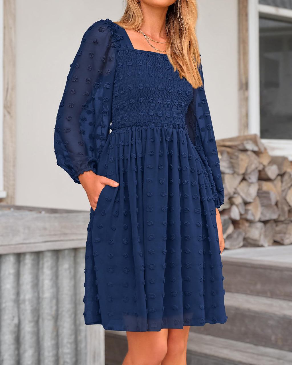 BTFBM Womens Long Sleeve Dress Summer Vacation Square Neck Smocked Floral Mini Boho Spring Wedding Guest Dresses