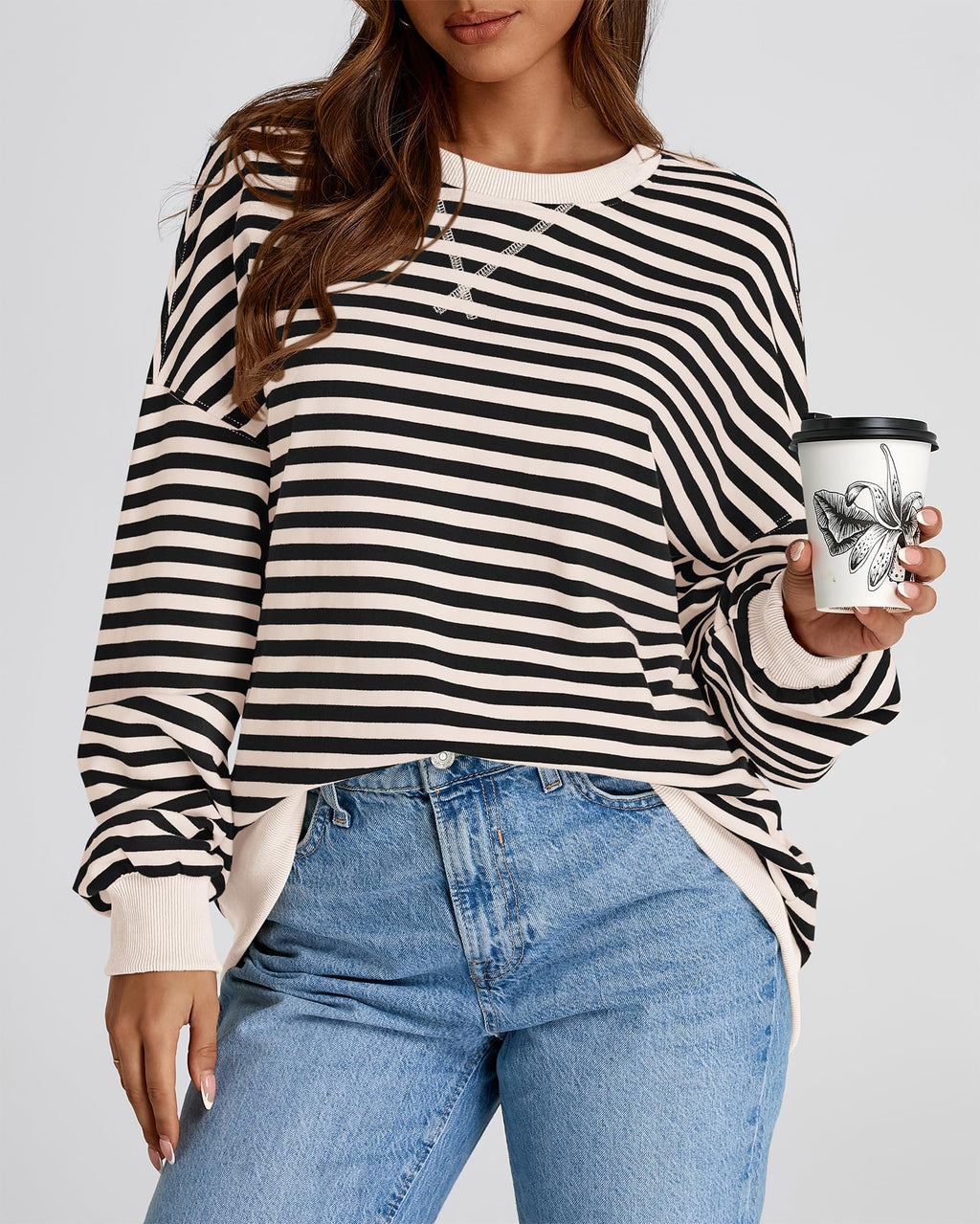 BTFBM Sweatshirt For Women Summer Crewneck Long Sleeve Oversized Striped Pullover Tops Y2K Clothes Workout Shirt