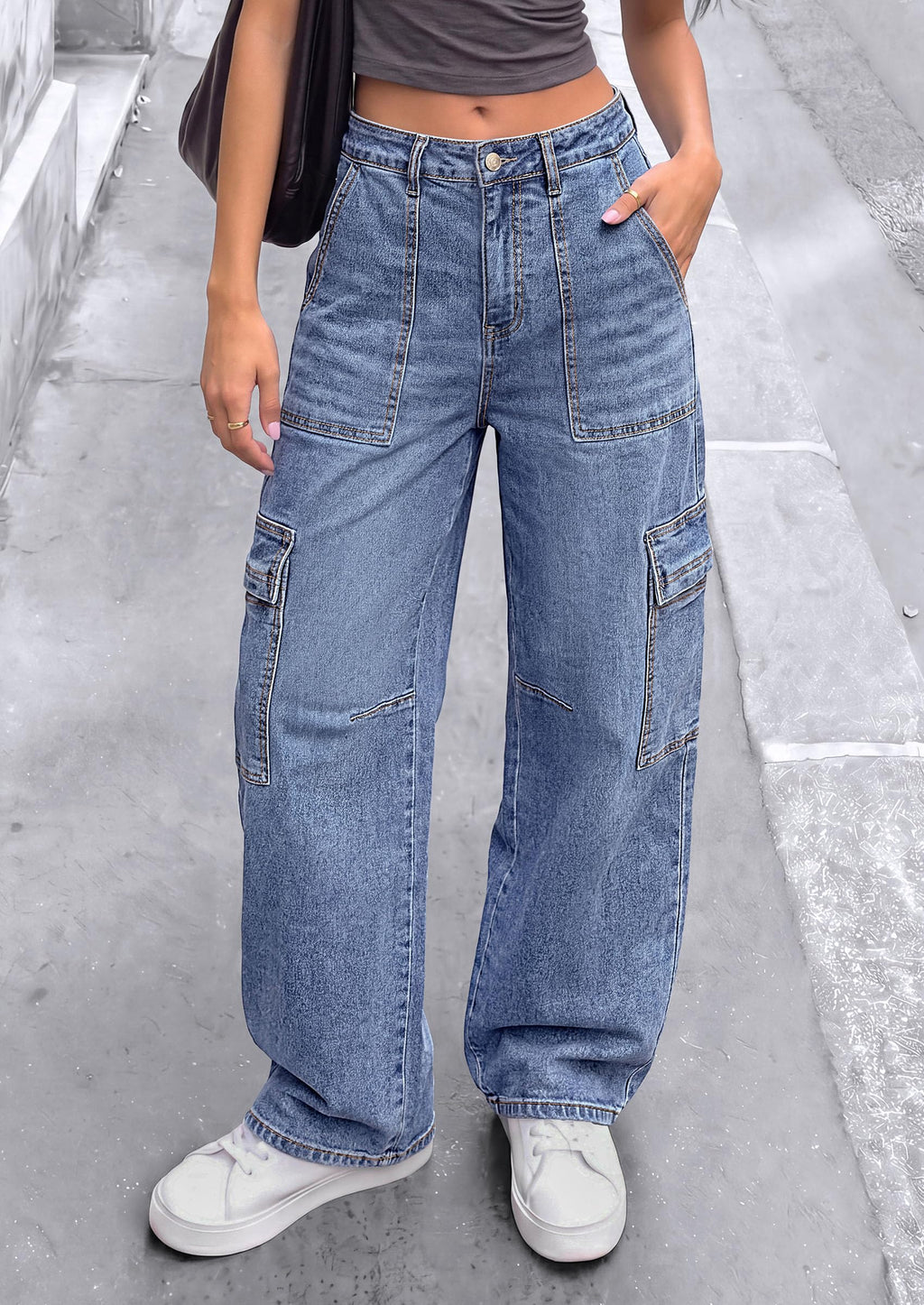 PRETTYGARDEN Barrel Pants Women Wide Leg Baggy Denim Jeans Relaxed Fit,Utility Pockets,Loose Streetwear,Boyfriend Style,Y2K Outfits,Fashion Cargo Pants,Fall Clothes