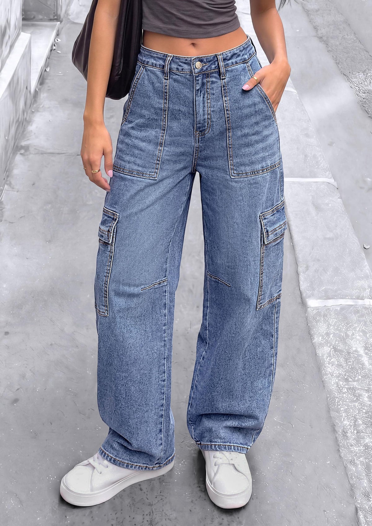 PRETTYGARDEN Barrel Pants Women Wide Leg Baggy Denim Jeans Relaxed Fit,Utility Pockets,Loose Streetwear,Boyfriend Style,Y2K Outfits,Fashion Cargo Pants,Fall Clothes