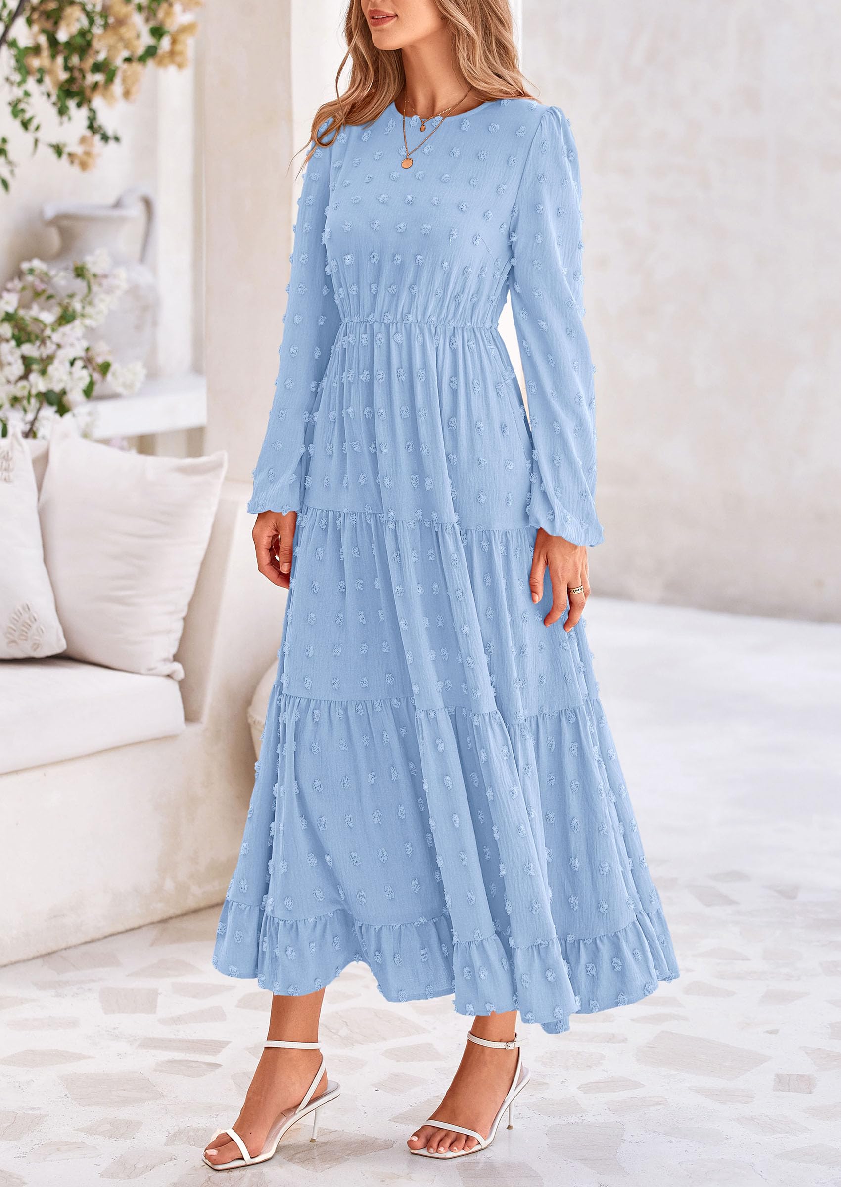 PRETTYGARDEN Women's Fall Spring Elegant Long Sleeve Maxi Dress Swiss Dot A Line Flowy Casual Holiday Party Going Out Dresses