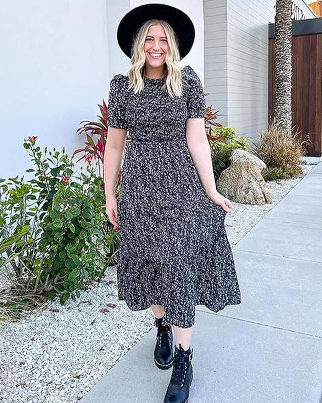 FreshPretty Women Casual Summer Dresses Spring Crew Neck Ruffle Short Sleeve Floral Print Smocked Boho Flowy Maxi Dress