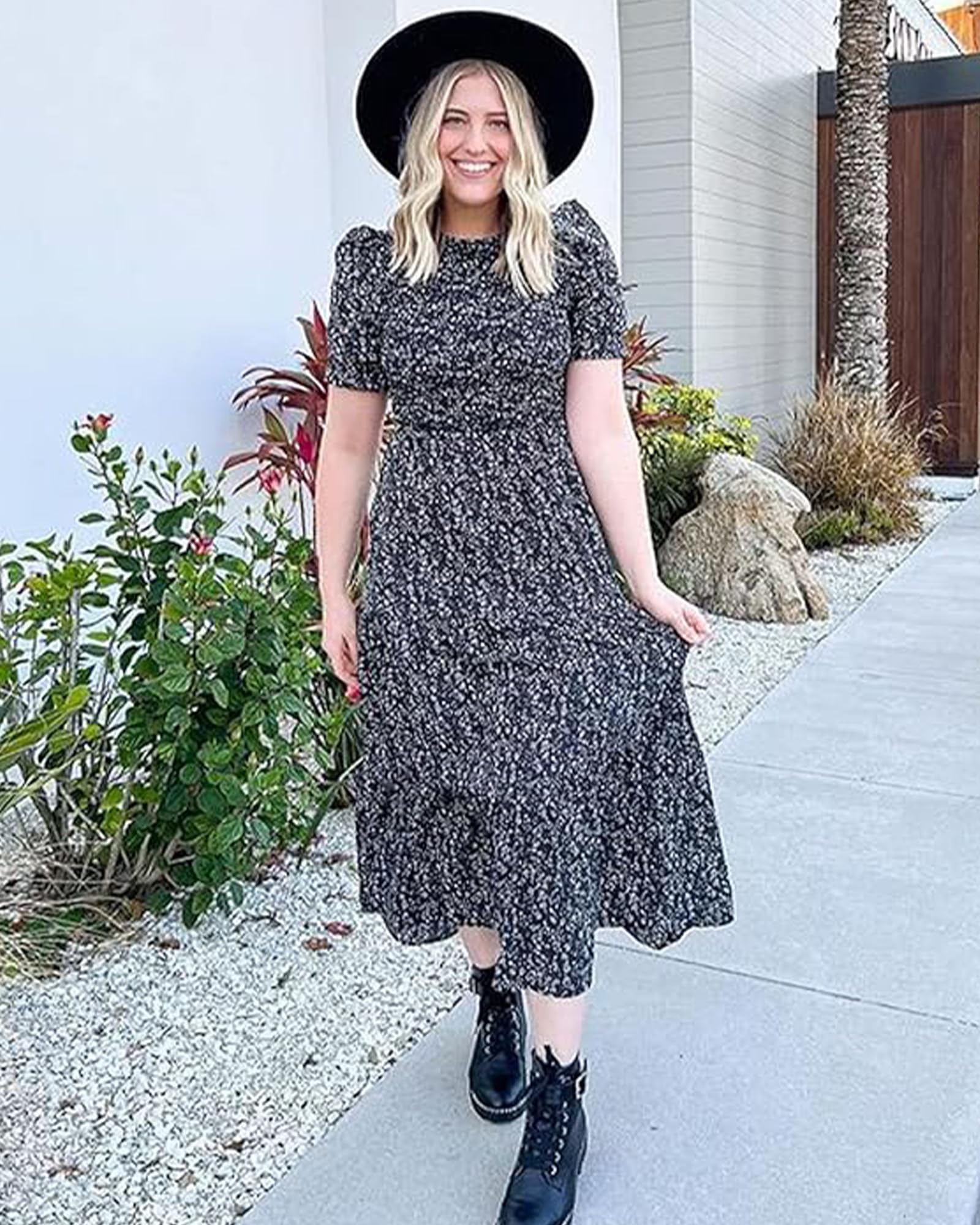 FreshPretty Women Casual Summer Dresses Spring Crew Neck Ruffle Short Sleeve Floral Print Smocked Boho Flowy Maxi Dress