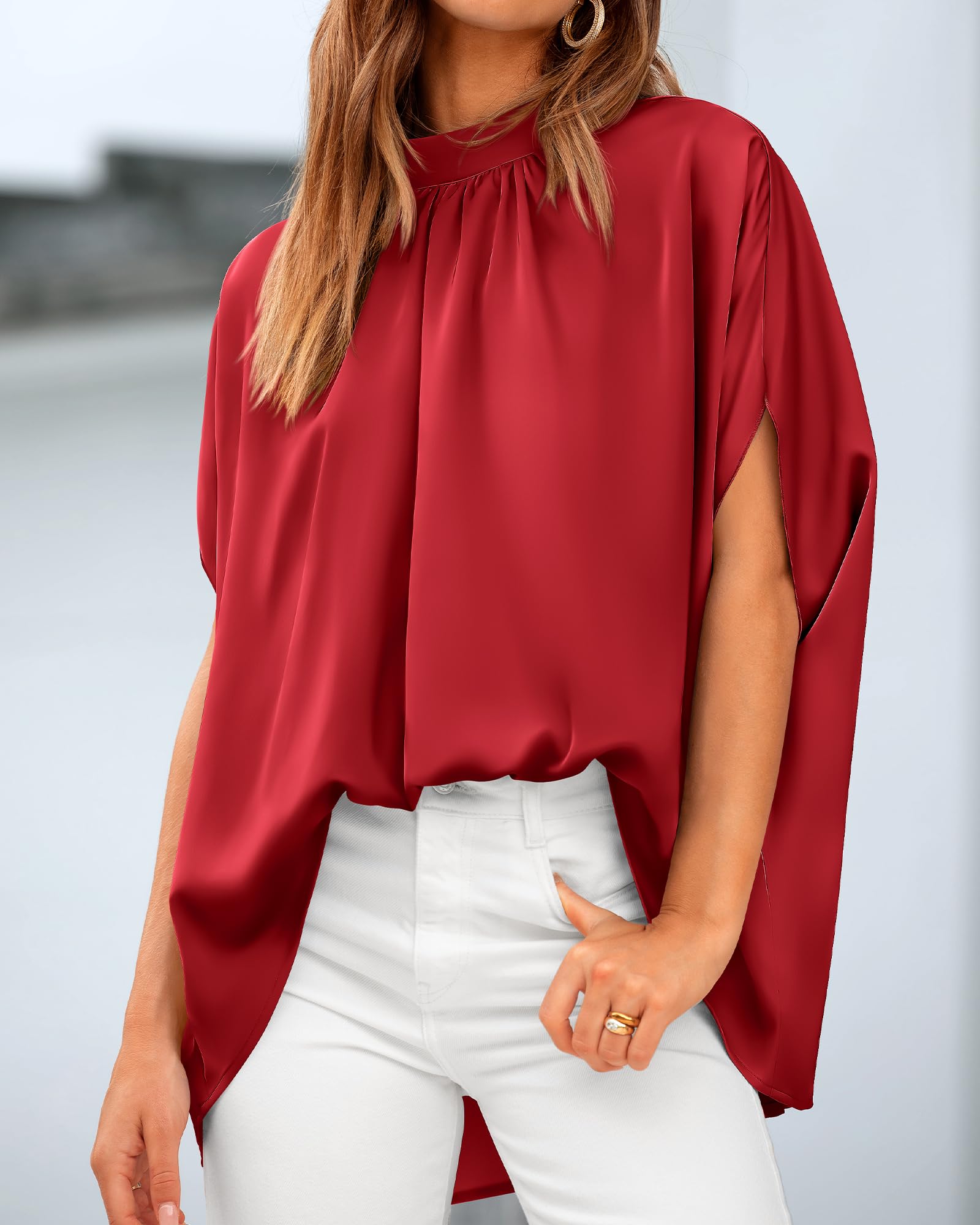 BTFBM Womens Summer Tops Mock Neck Batwing Sleeve Silk Satin Shirts Loose Oversized Dressy Casual Spring Blouses