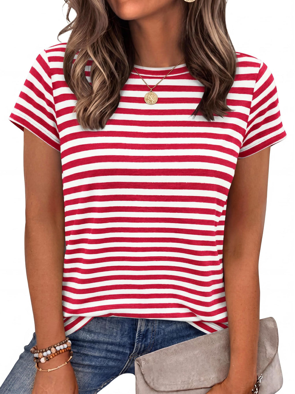 BTFBM Tops for Women Trendy Summer Crew Neck Short Sleeve T Shirts Striped Casual Vacation Blouse Basic Tee