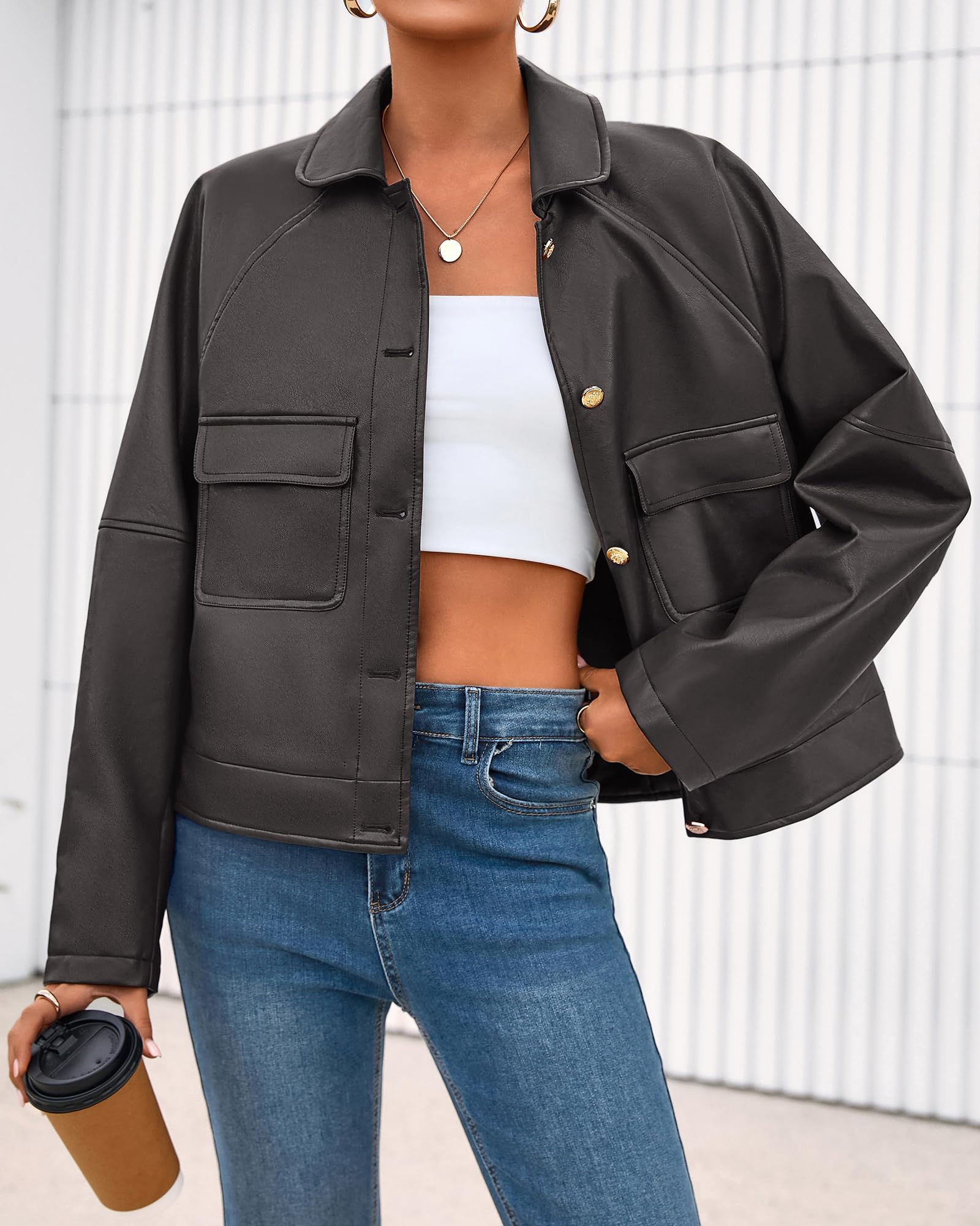 FreshPretty Leather Jacket Women Fall Clothes Long Sleeve Button Down Winter Coats Oversized Motorcycle Outwear