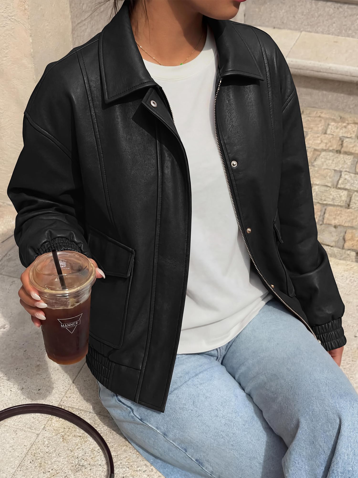 BTFBM Faux Leather Jacket Women Fall Clothes Long Sleeve, Bomber Jackets, Snaps, Pockets, Oversized, Zip Up Motorcycle Outerwear, Airport, Going Out Outfits, Winter Coat