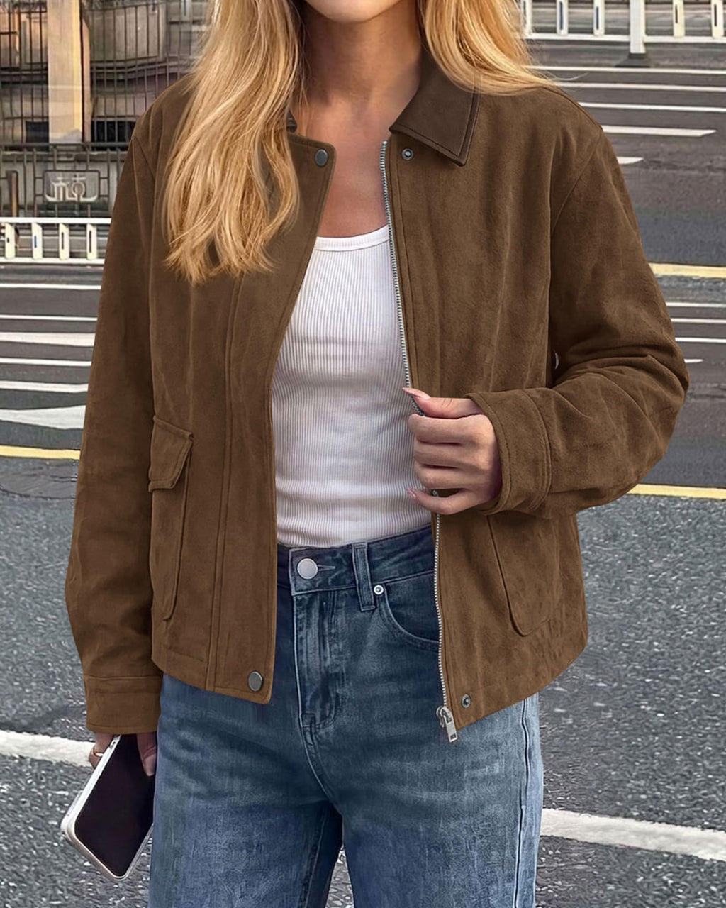 BTFBM Faux Suede Jacket Women Leather Lapel Zip Up Fall Outfits Button Down Long Sleeve Outerwear With Flap Pockets, Early Winter Coats, Motorcycle Jackets, Western Country Concert Outfits