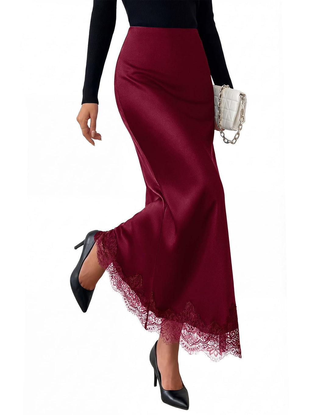 BTFBM Lace Trim Satin Skirts for Women Elegant | Lightweight, High Waist, A-Line, Flowy Maxi Skirt, Wedding, Cocktail, Graduation, Holiday Outfits, Fall Fashion Clothing