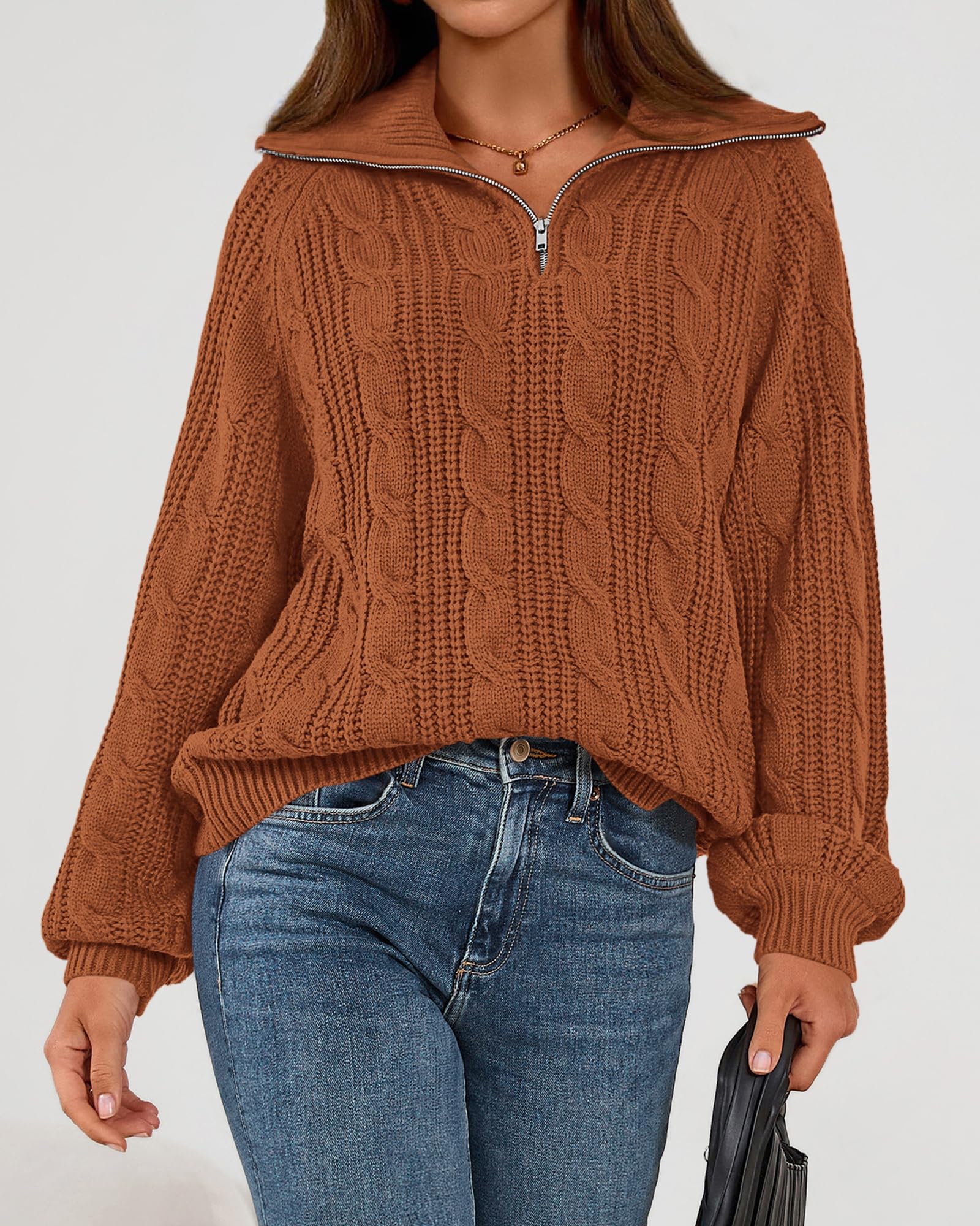 BTFBM Sweaters for Women Fall Fashion Loose Quarter Zip Pullover Collared Long Sleeve Cable Knit Winter Clothes