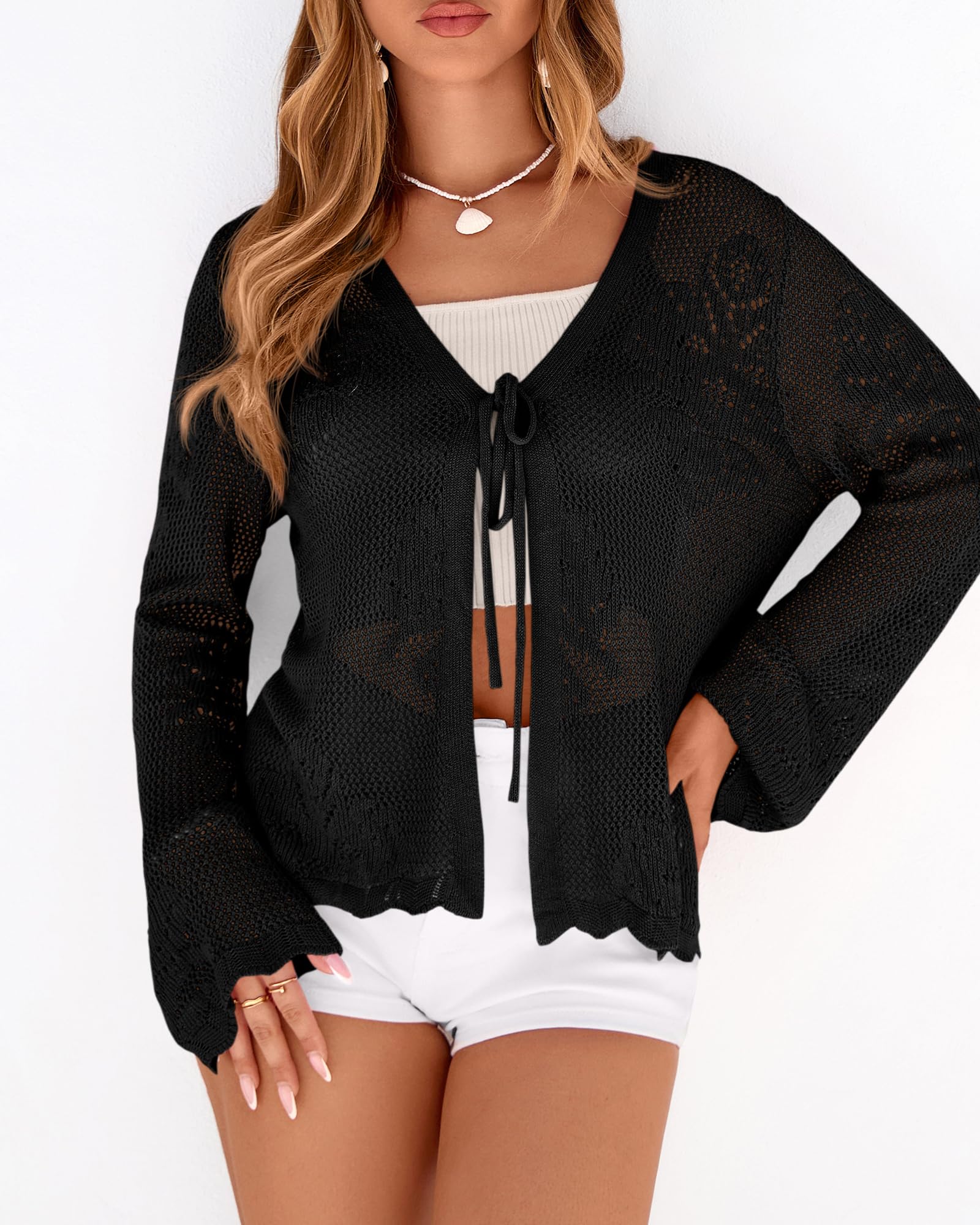 FreshPretty Summer Cardigans for Women Lightweight Spring Crochet Mesh Long Sleeve Tie Front Knit Beach Vacation Outfits