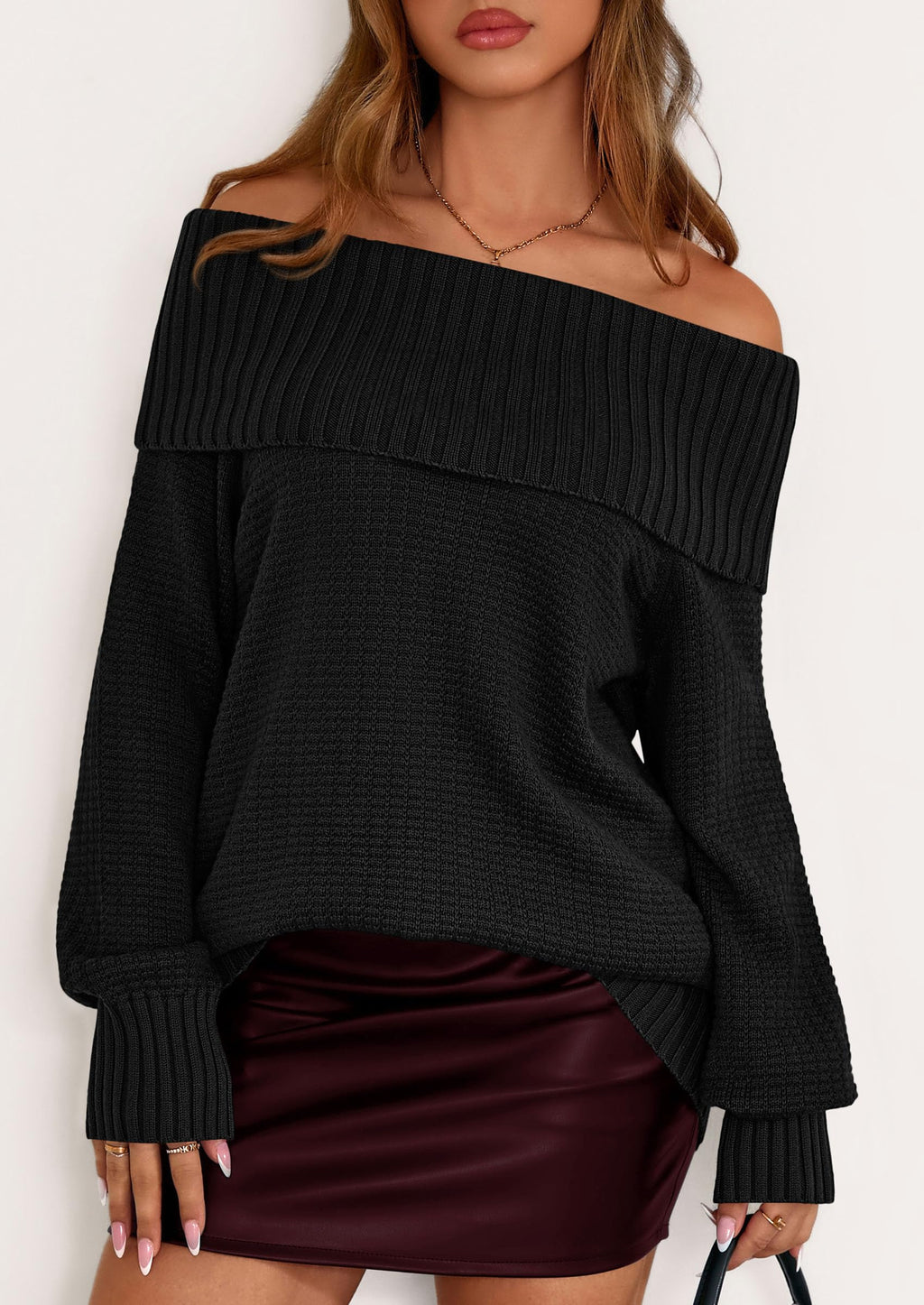 PRETTYGARDEN Womens Off The Shoulder Sweater Long Sleeve Tops Loose Knit Pullover Sweaters Fashion Fall Clothes