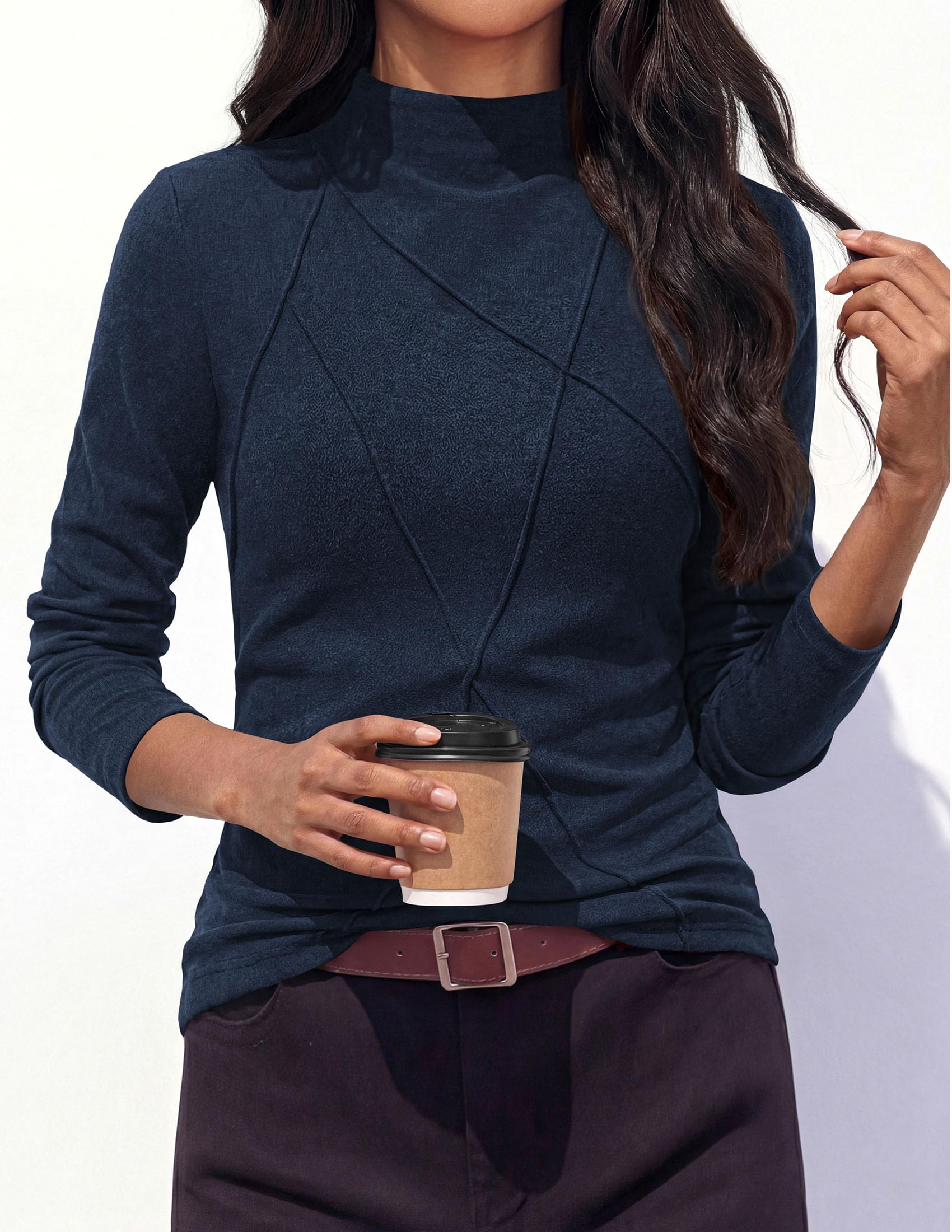 PRETTYGARDEN Women's Fall Mock Neck Long Sleeve Shirts | Soft Stretchy Knit,Geometric Seam Stitching,Slim Fitted Basic Tees,Thermal Casual Wear,Daily Work Layering Winter Tunic Top
