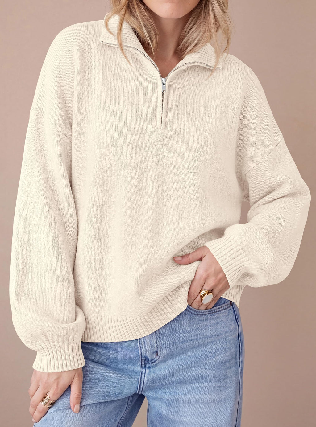 PRETTYGARDEN Women's Quarter Zip Pullover Oversized Sweaters Collared Neck, Long Balloon Sleeve, Jumper Tops, Soft Cozy Knit, Ribbed Hem, Loose Fit, Fall Outfits, Winter Fashion Clothing