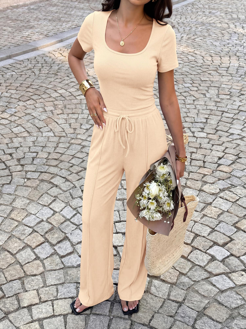 BTFBM Womens Summer 2 Piece Outfits Square Neck Short Sleeve Drawstring Pants Knit Spring Lounge Matching Sets