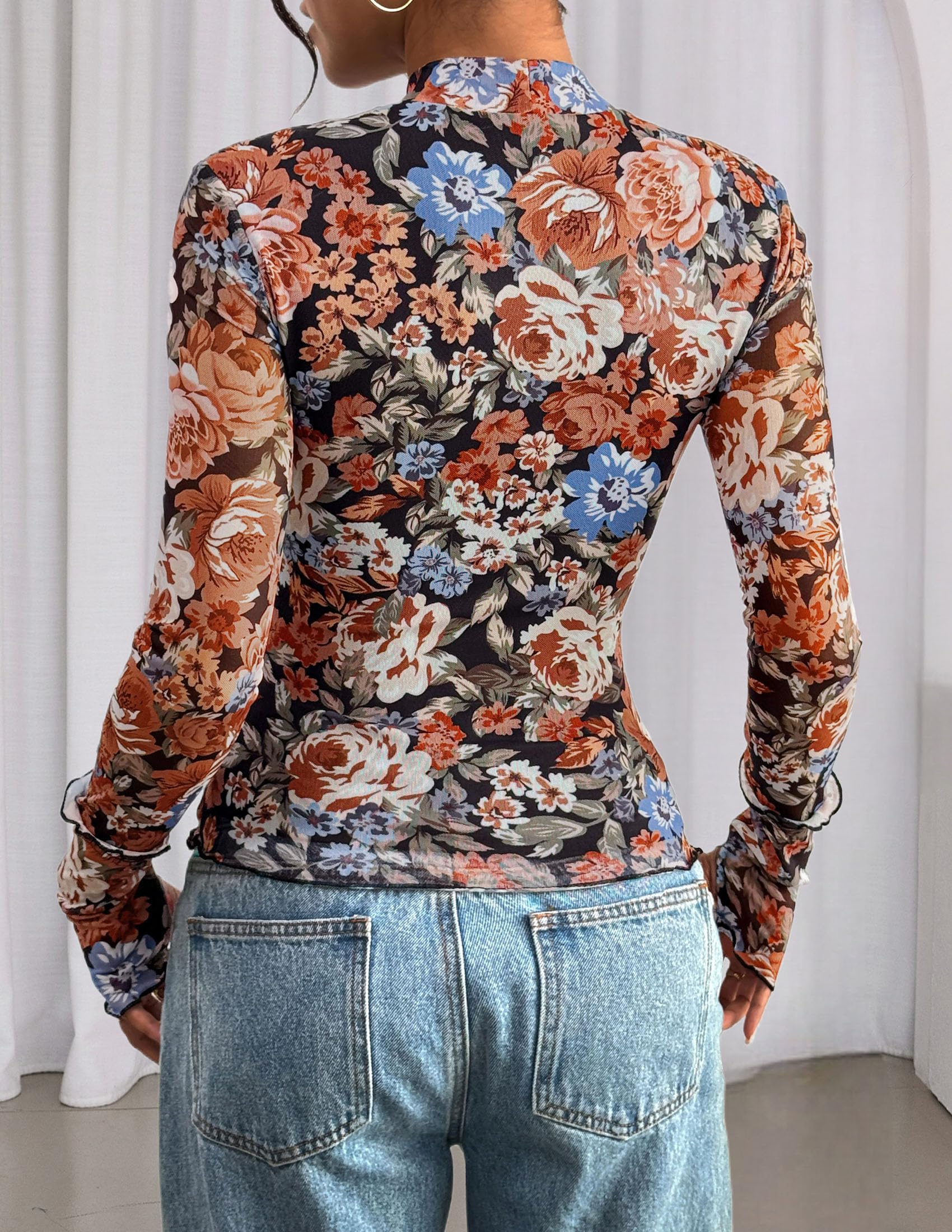 PRETTYGARDEN Womens Fall Mesh Floral Blouses Long Sleeve Going Out Tops Slim Fitted Shirts Date Night Outfits