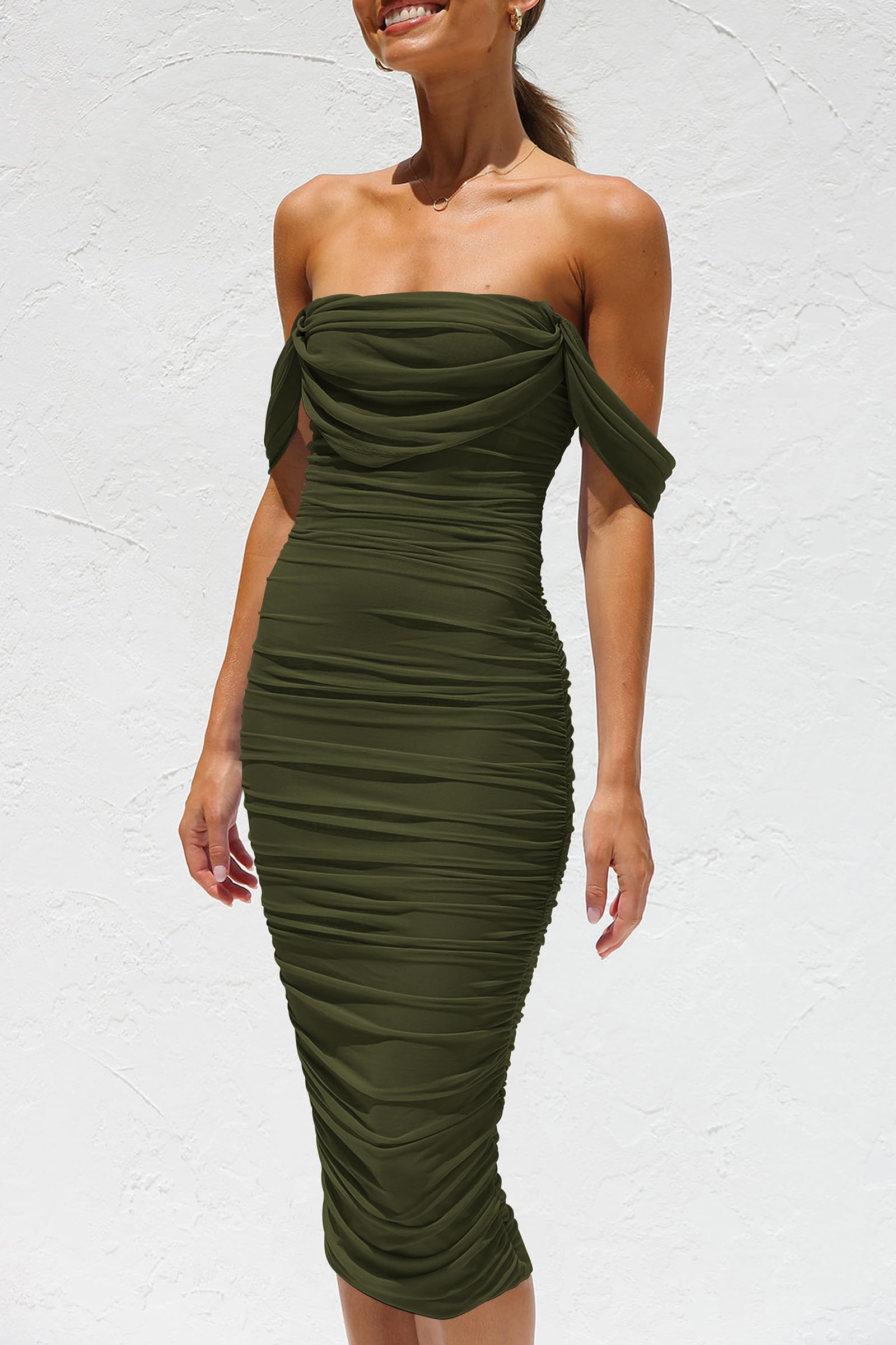 PRETTYGARDEN Summer Wedding Guest Dresses for Women  Off the Shoulder Ruched Bodycon Spring Midi Cocktail Party Dress